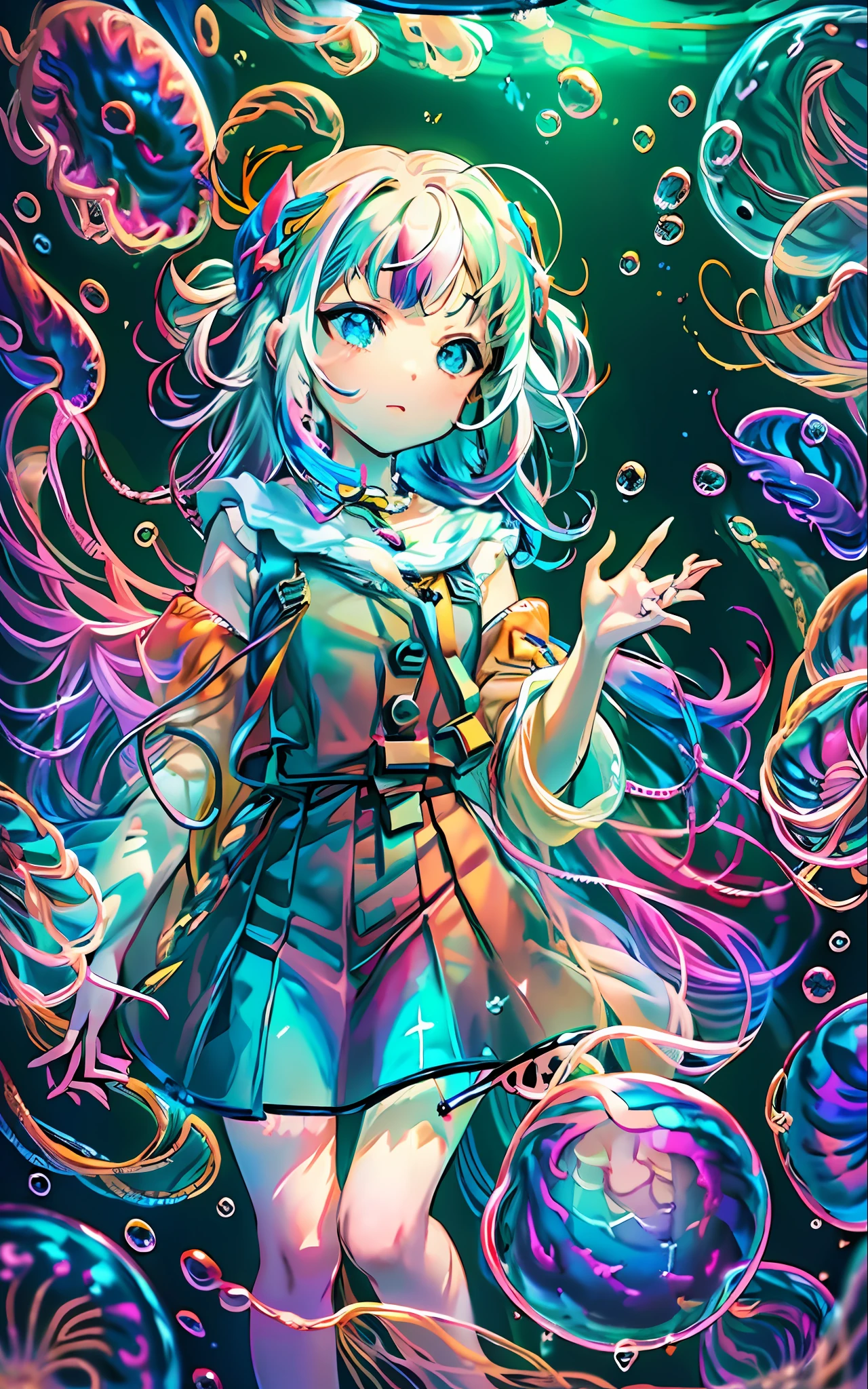 masterpiece), (best quality), masterpiece (official art, extremely detailed 8k CG unity wallpaper), supreme detail, photography, (very detailed), ((absurd)), 1girl, mid-shot, (exquisite facial features), (serafuku: 1.3) (( SFW)),((light hands)), ((white thighs without shoes)),aqua eyes, colored contact lenses, stars in eyes, ((((colored bubble))), colored glass, (album cover), Her hair stood out floating above her head, multicolored bubbles, she buddies a black skirt with flower embroidery, she is underwater, she floats in the water, she reaches out to a shiny and translucent fish, colorfull, air bubble, letterboxed, jellyfish, particles of light