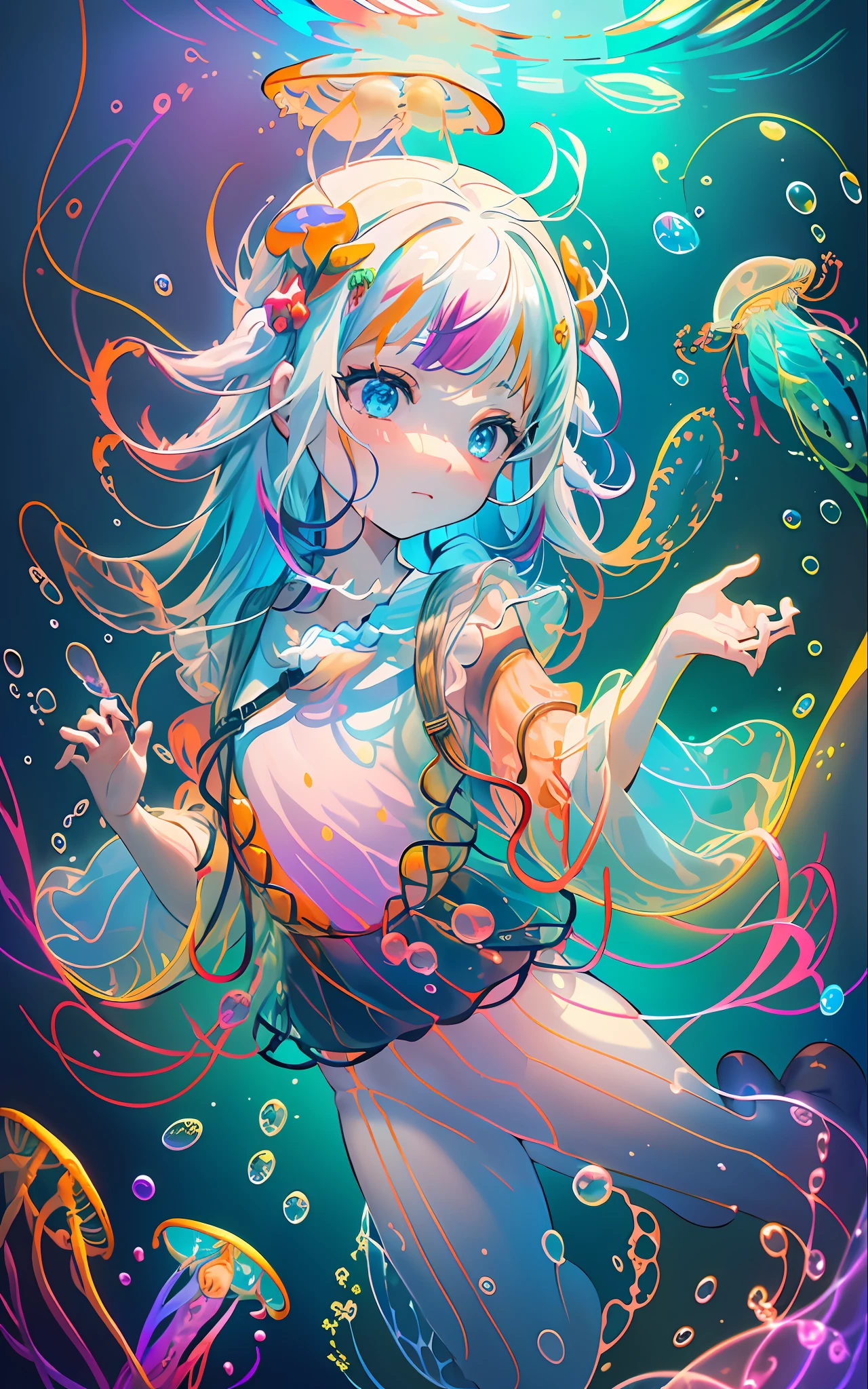 masterpiece), (best quality), masterpiece (official art, extremely detailed 8k CG unity wallpaper), supreme detail, photography, (very detailed), ((absurd)), 1girl, mid-shot, (exquisite facial features), (serafuku: 1.3) (( SFW)),((light hands)), ((white thighs without shoes)),aqua eyes, colored contact lenses, stars in eyes, ((((colored bubble))), colored glass, (album cover), Her hair stood out floating above her head, multicolored bubbles, she buddies a black skirt with flower embroidery, she is underwater, she floats in the water, she reaches out to a shiny and translucent fish, colorfull, air bubble, letterboxed, jellyfish, particles of light