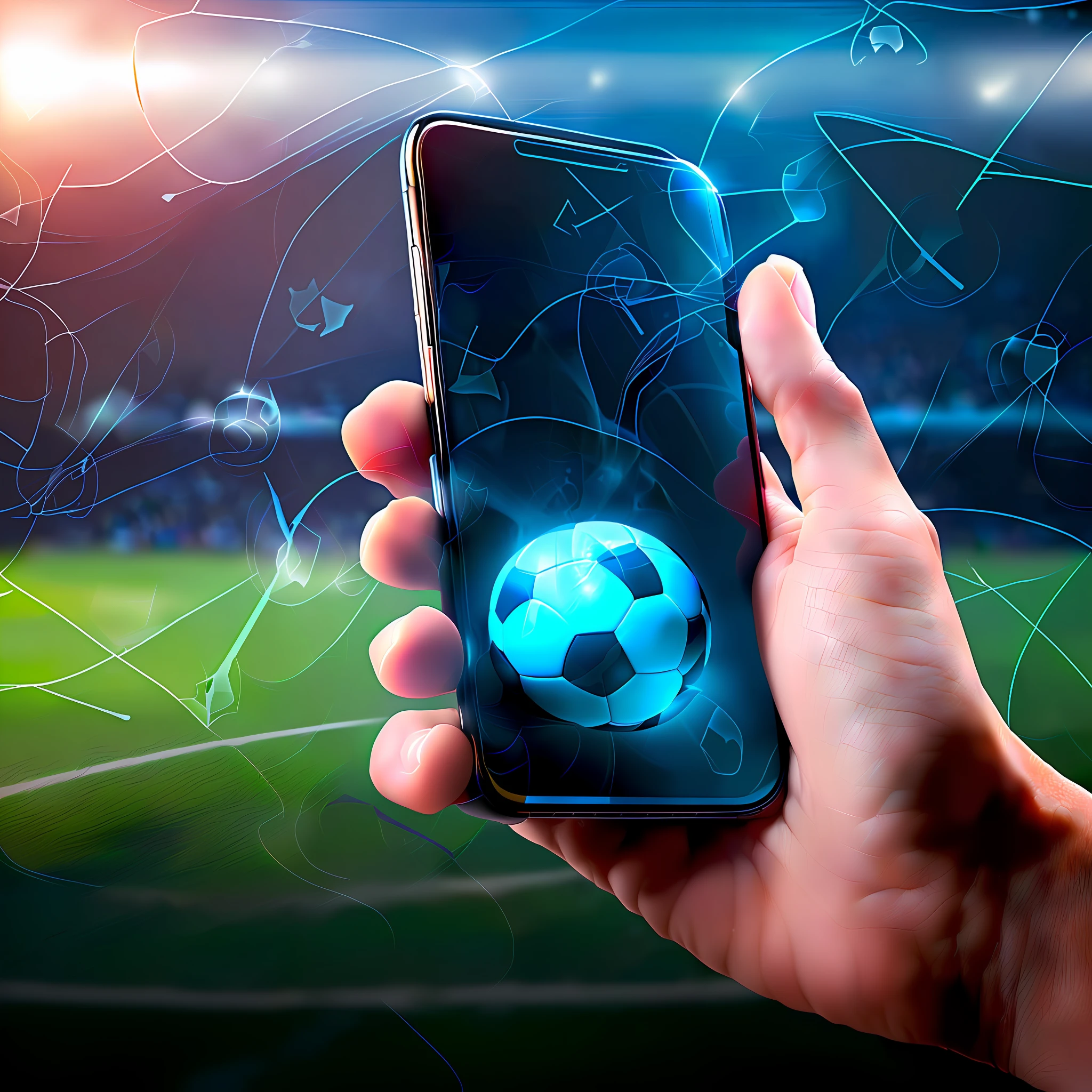 someone holding a cell phone with a soccer ball on it, shutterstock, mobile game, digitally drawn, exclusive, mobile, holding a football, handheld, technology meets fantasy, sport, mobile app, by Julian Allen, uploaded, soccer, caught, by Aleksander Gierymski, cover shot, by Joseph Werner, he is holding a smartphone, tech --auto --s2