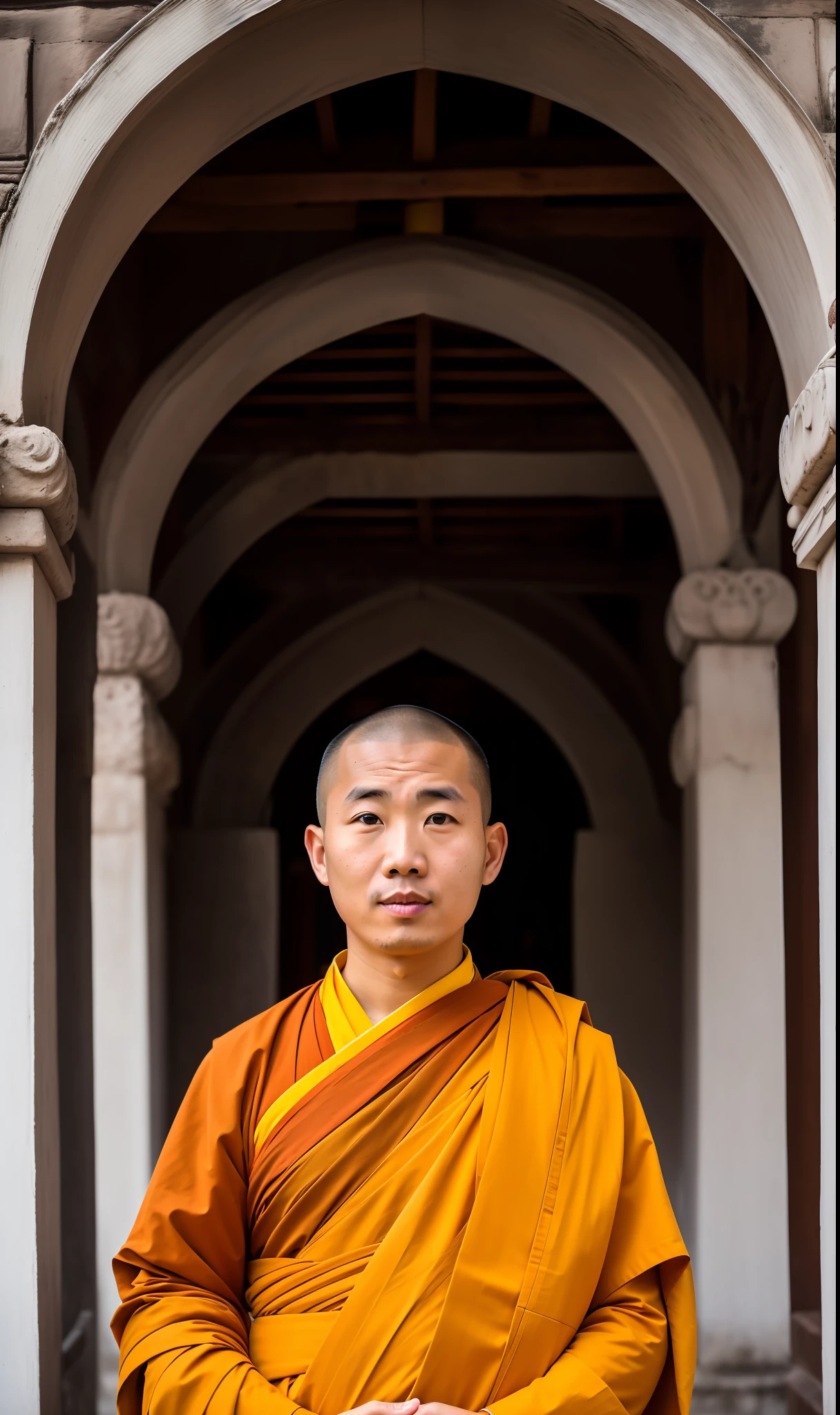 photo of a Buddhist monk, detailed monk outfit, face, half body, highly detailed skin, skin pores, monastery, 8k uhd, Dslr, soft lighting, high quality, film grain, Fujifilm XT3