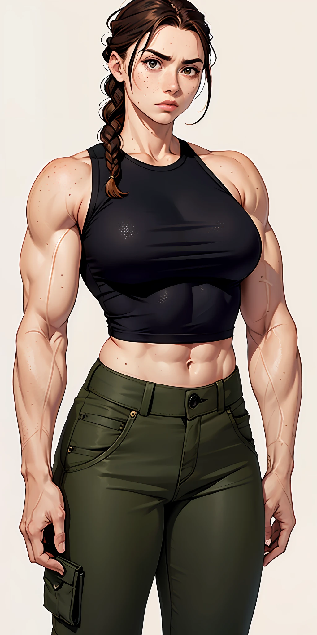 Woman, serious face, freckles hair: brown, braid, muscular, small chest, big arms, broad shoulders, large thighs, black tank top, military office pants, background: forest