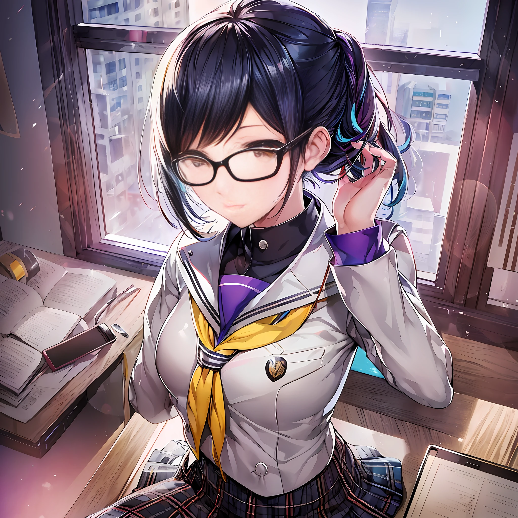 (ultra-detailed), (gradient background), (Yasogami school uniform \(Persona 4\)), glasses, sitting on desk, (tying hair), shiny hair, shiny skin, shiny clothes, sparkling eyes, two-tone hair, inverted bob hair, choker, 1girl, lens flare, isometric, (masterpiece), (best quality), highres, HD, anatomically correct, high details, high quality
