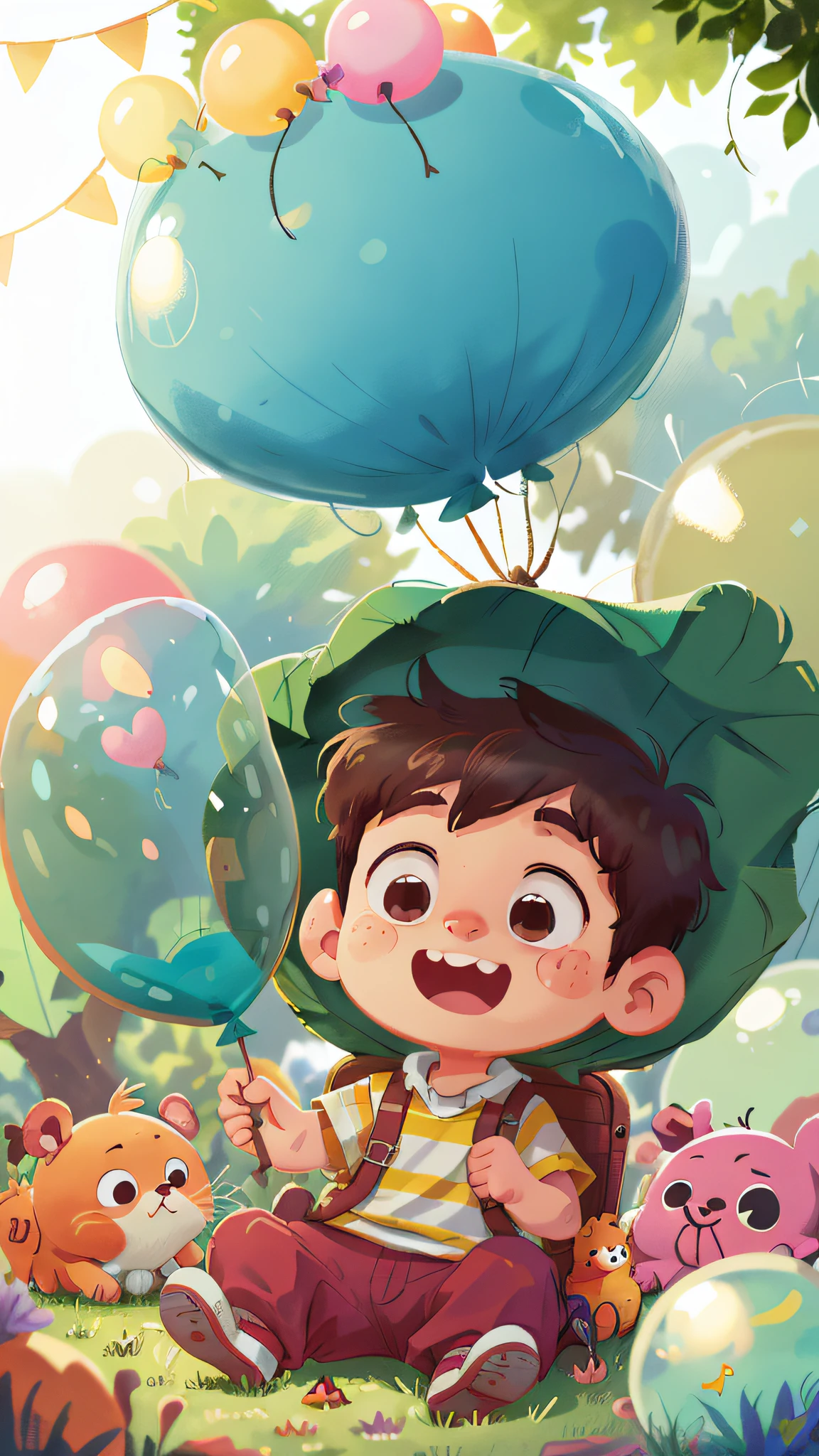 A boy, zoo, many balloons, happy, happy, perfect quality, clear focus (clutter - home: 0.8), (masterpiece: 1.2) (realistic: 1.2) (bokeh) (best quality) (detailed skin: 1.3) (intricate details) (8K) (detail eyes) (sharp focus), (happy)