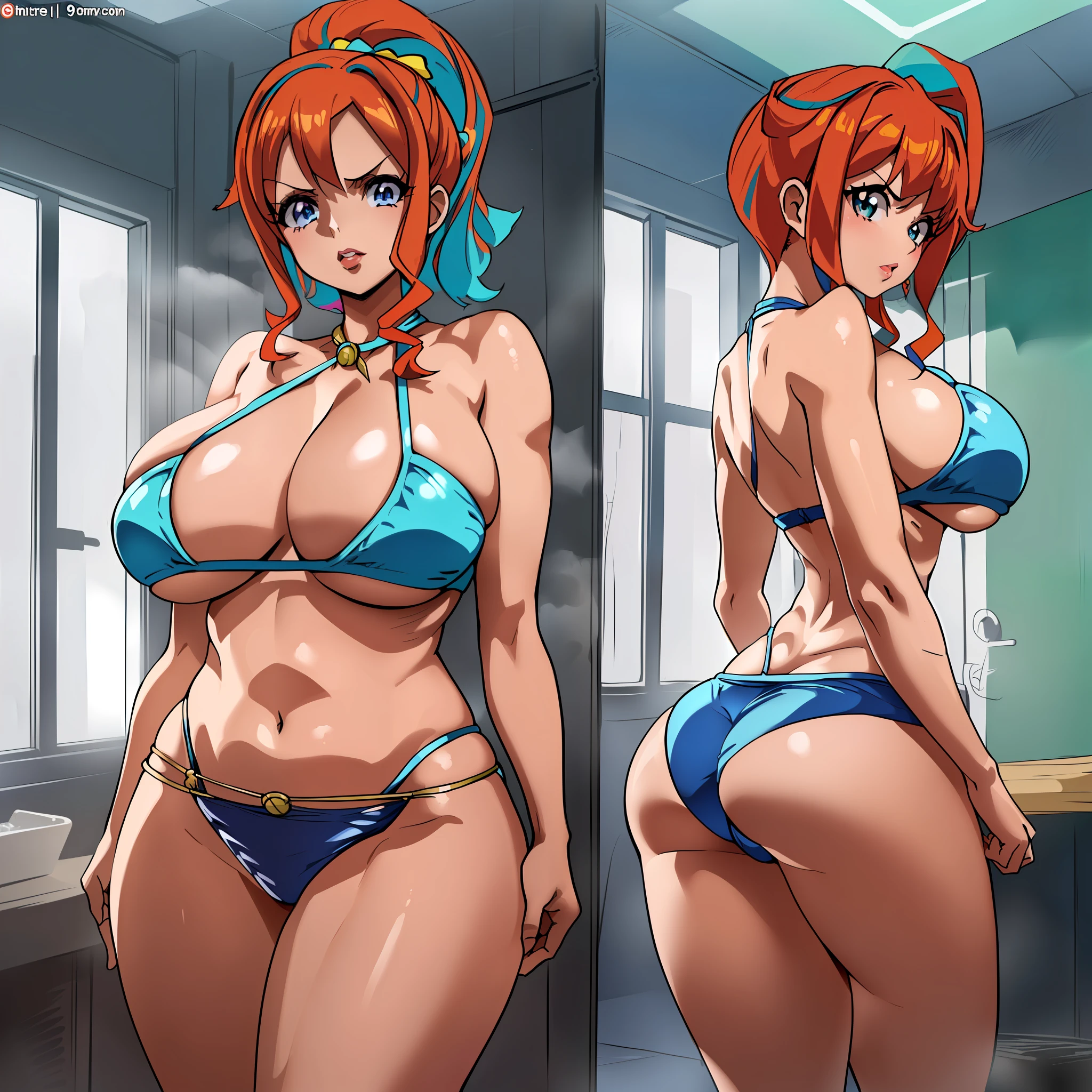 anime woman, big woman, wide breasts, big breasts, giant breasts, huge breasts, huge chest, huge chest girl, anime girl with huge breasts, thin waist girl, thin waist, thin waist female figure, hourglass style female figure, huge ass girl, big ass, protruding ass, girl wearing neon blue bikini, neon bright blue bikini, bright blue plastic bikini, bikini covering breasts, tight bikini on the ass, dug bikini, thin neon blue plastic bikini, orange short haired girl, orange hair, orange short hair, green eyes, striking green eyes, barbie style figure, bimbo, bimbo girl, thick lips, striking lips, lips with red lipstick, strong red lipstick, girl inside bathroom, clean bathroom scenario, anime style painting, retro anime, old 90s anime, 90s animation, cell shadding style painting, cell shading anime, retro anime, high quality, extremely detailed