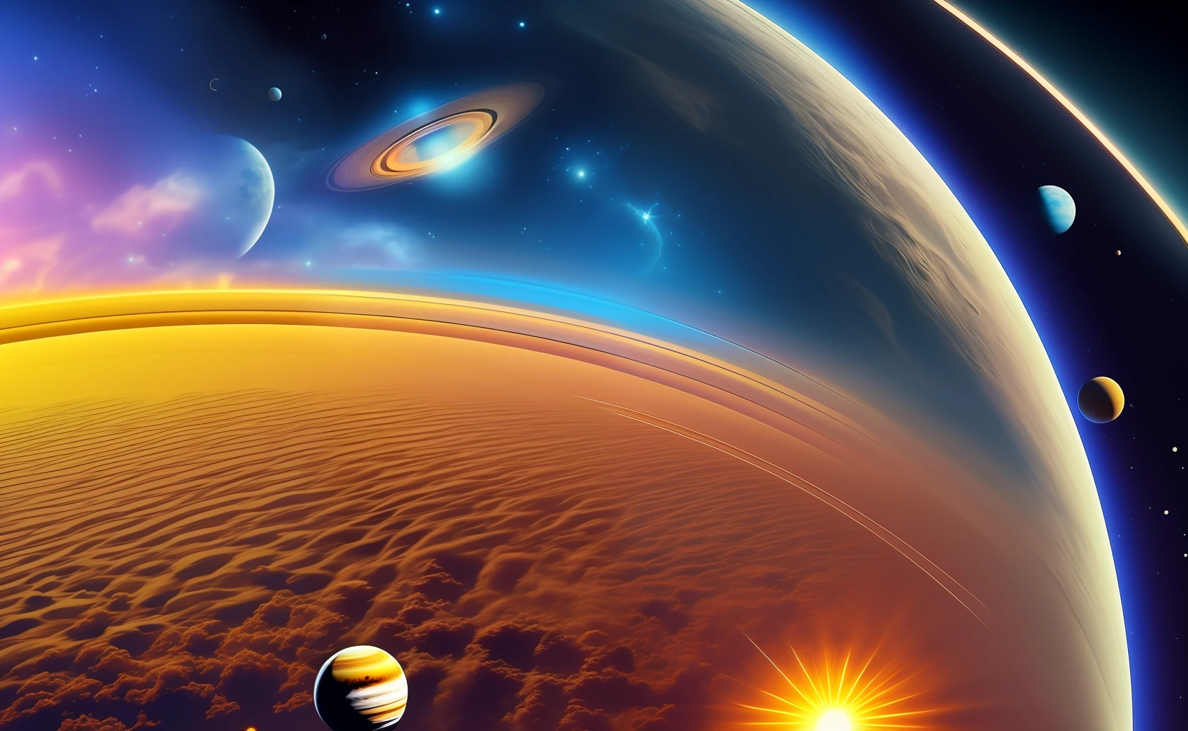 I want a sunny day and at the same time that the sun sets I want to qu and to fill saturn and other stars as if they were I want everything in the best quality existing on the internet 8k up, I want something realistic that looks like it is real when someone looks from afar try to make it look mind-blowing and at the same time contemplative because this will turn into a picture that looks like I have a photo of space in house --auto --s2