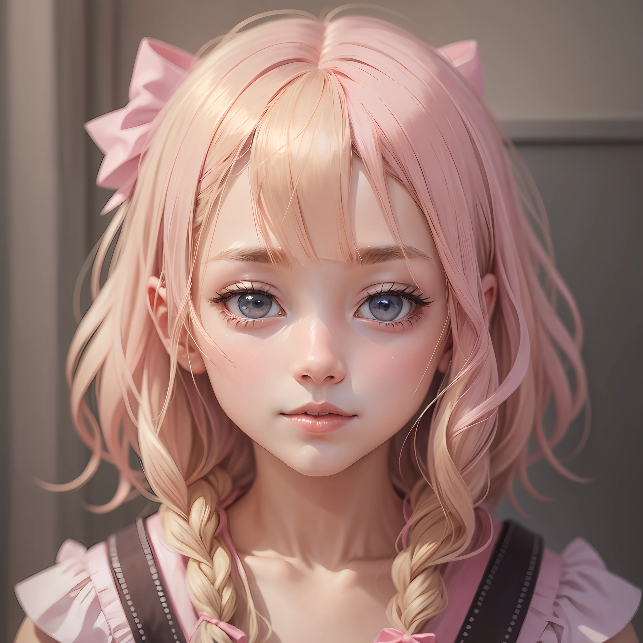 creation facing camera, blonde hair bow on head, pink, looking at camera telling a story --auto --s2