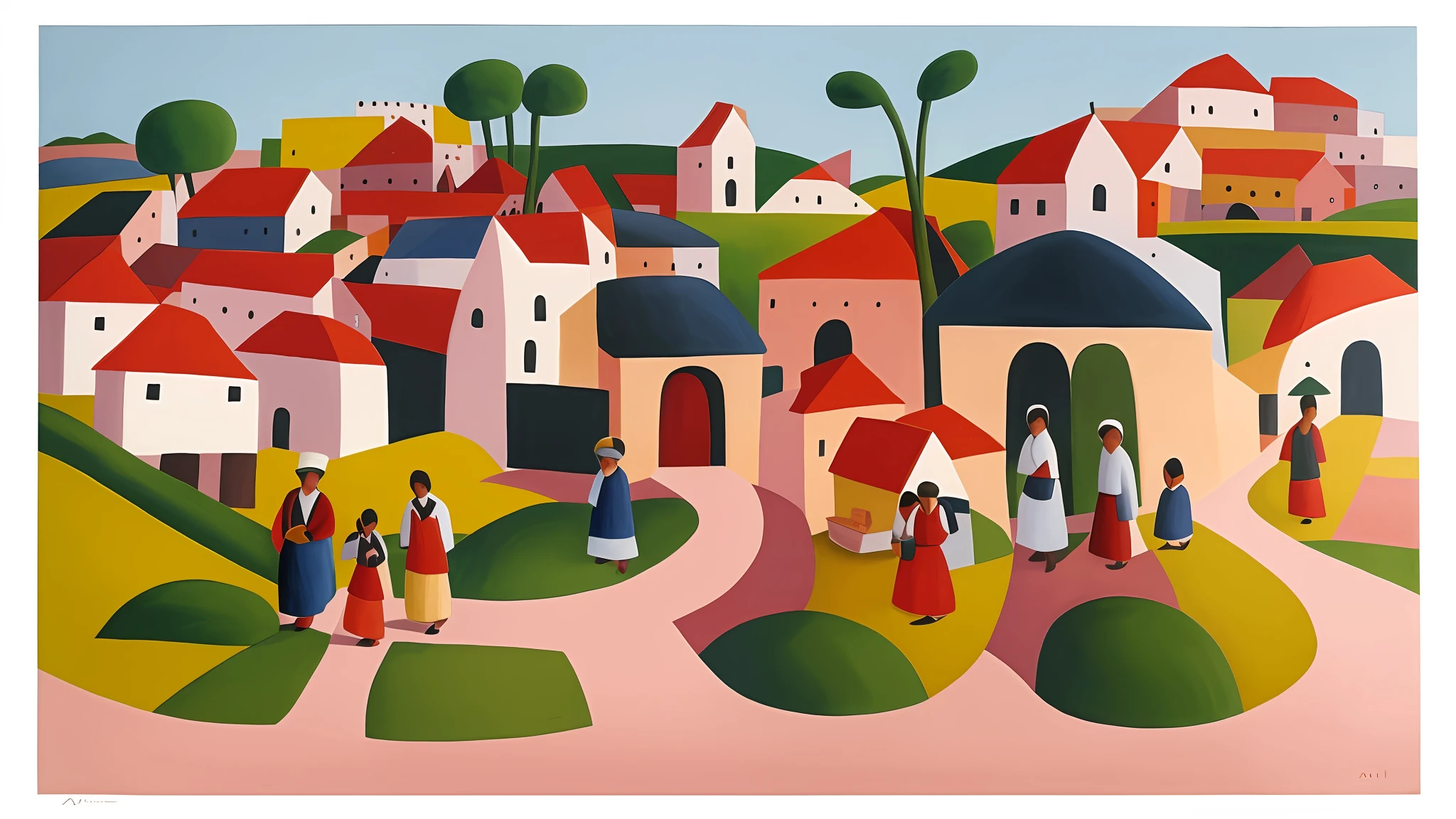 a painting of a village with people walking around it, by Tarsila do Amaral, inspired by Tarsila do Amaral, by Amadeo de Souza Cardoso, by Candido Portinari, by Rodolfo Amoedo, by Ceferí Olivé, by Maria Helena Vieira da Silva, by André Lhote
