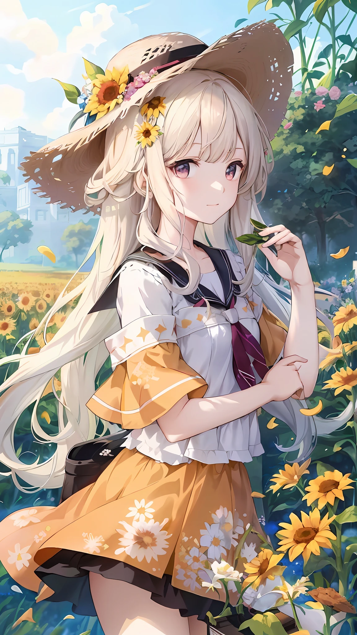 a woman in a hat and dress standing in a field of flowers, beautiful sunflower anime girl, anime visual of a cute girl, young anime girl, beautiful anime portrait, blonde anime girl with long hair, beautiful anime girl, anime girl with long hair, beautiful anime artwork, beautiful anime style, high quality anime artstyle, beautiful anime art, beautiful anime art style