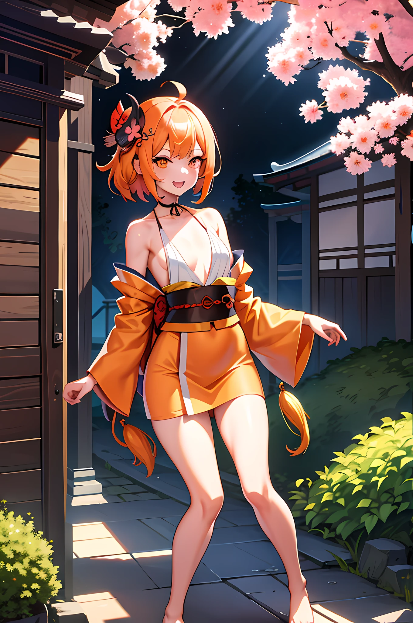 masterpiece, best quality, high resolution, 1girl, orange hair, asymmetrical hair, short hair, hair between eyes,bob cut, side braids, hair ornament, fish hair ornament, tassel, kanzashi, bangs, orange eyes, open mouth, smile, teeth, upper teeth only, choker, red choker, pendant choker, butterfly choker, collarbone, collarbone, tattoo, tattoo on chest, flower tattoo, neckline,  small breasts, thighs, bandages, bandaged leg, sarashi, budget sarashi, sarashi chest, black belt, hadanugi dousa, houkisei, japanese clothes, kimono, kinchaku, obi, obiage, obijime, black kimono, handbag, printed kimono, rope, sash, shimenawa, short kimono, single naked shoulder, vision (genshin impact), east asian architecture, cherry blossoms, full body, arms behind head, (nude!), pubic hair!, tiny cloth,  hard nippl, hard puss y, soft pu ssy, transparent yoga dress, very cute, beautiful too, short dress, open belly