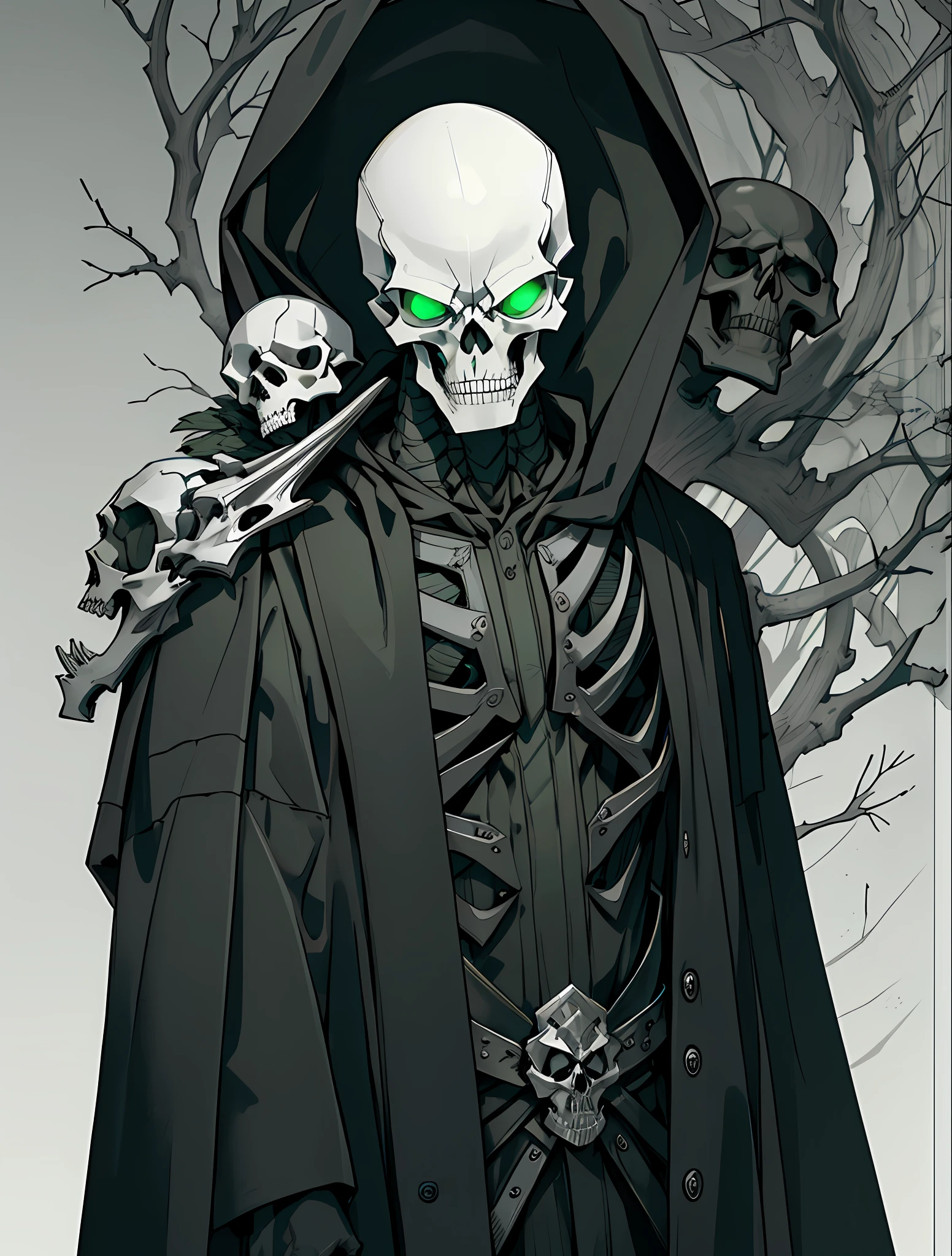 ((raw photo)), ((masterpiece)), anthropomorphic humanoid SkullReaper wearing black hooded robe, intricate detail, futobot, intricate Greebles pieces, monochrome, bald, winter background, green eyes, fragmented skin, cracked skin, skull, 1boy