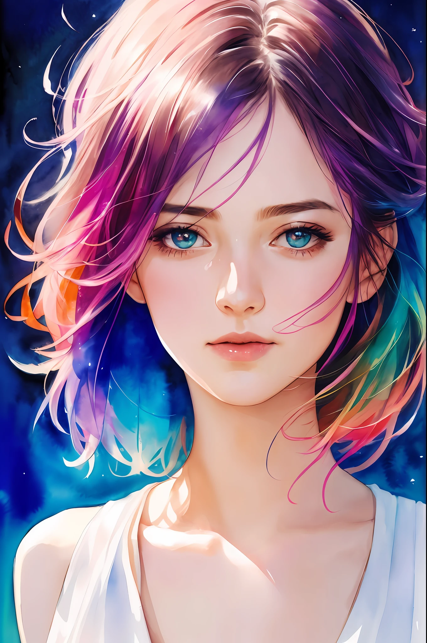 (8k, best quality, masterpiece:1.2),(best quality:1.0), (ultra highres:1.0), watercolor, a beautiful woman, shoulder, hair ribbons, by agnes cecile, half body portrait, extremely luminous bright design, pastel colors, (ink:1.3), autumn lights,