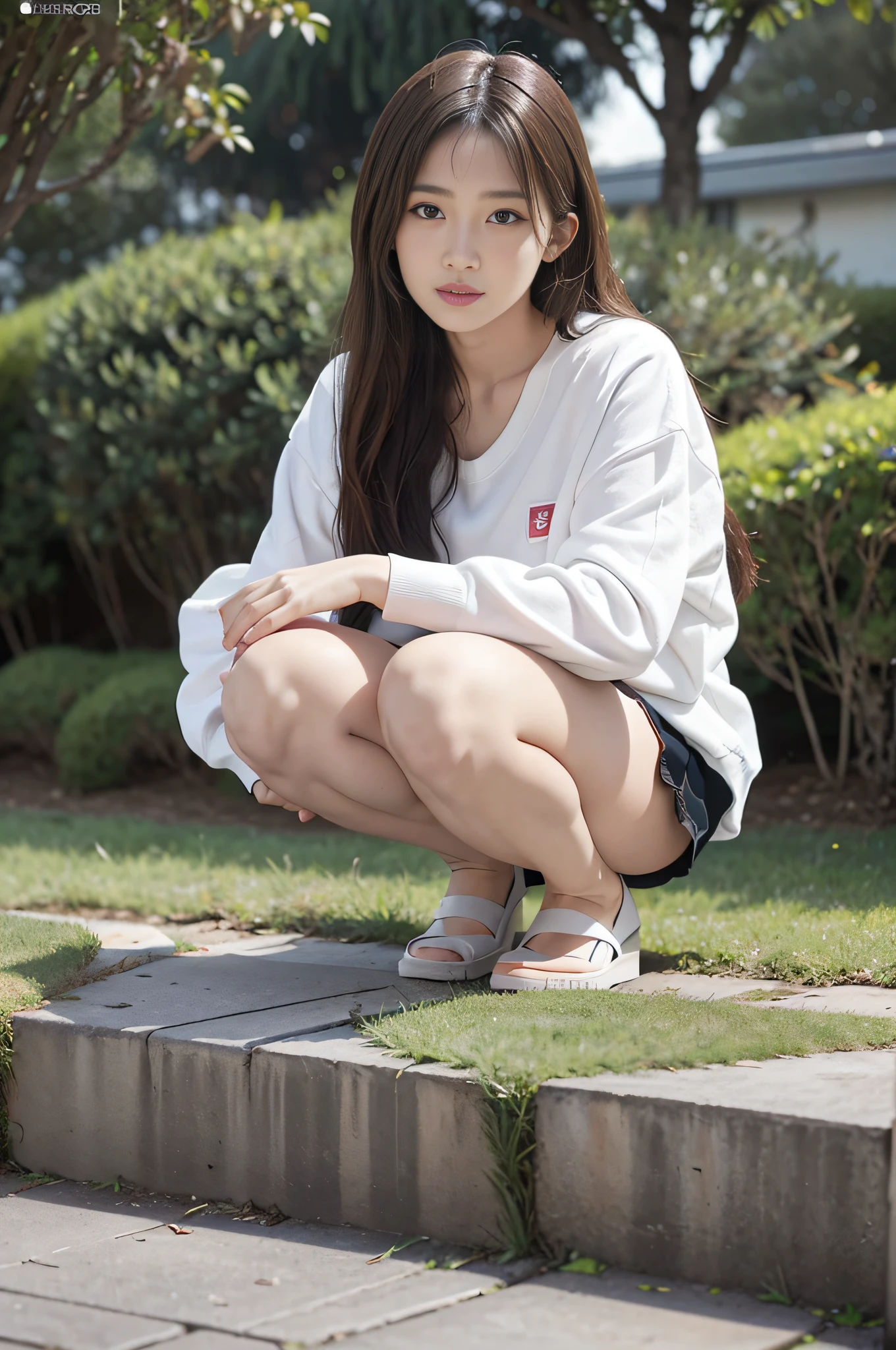 18-year-old young woman from Japan, ((squatting)), ((full body))), looking at the camera, underwear, prominent panties, in the garden of the house, big, clefts, realistic photos, big realistic eyes, perfect beautiful face, soft and smooth moist skin, beautiful nose, magazine cover face, bright smile, long hair, model appearance, detailed eyes, looking at the camera, full growth, complex and bright colors, left side lighting, Realistic concept art, digital drawing, rich three-dimensional rendering, background, ultra-realistic painting, 4d cinema projection, big