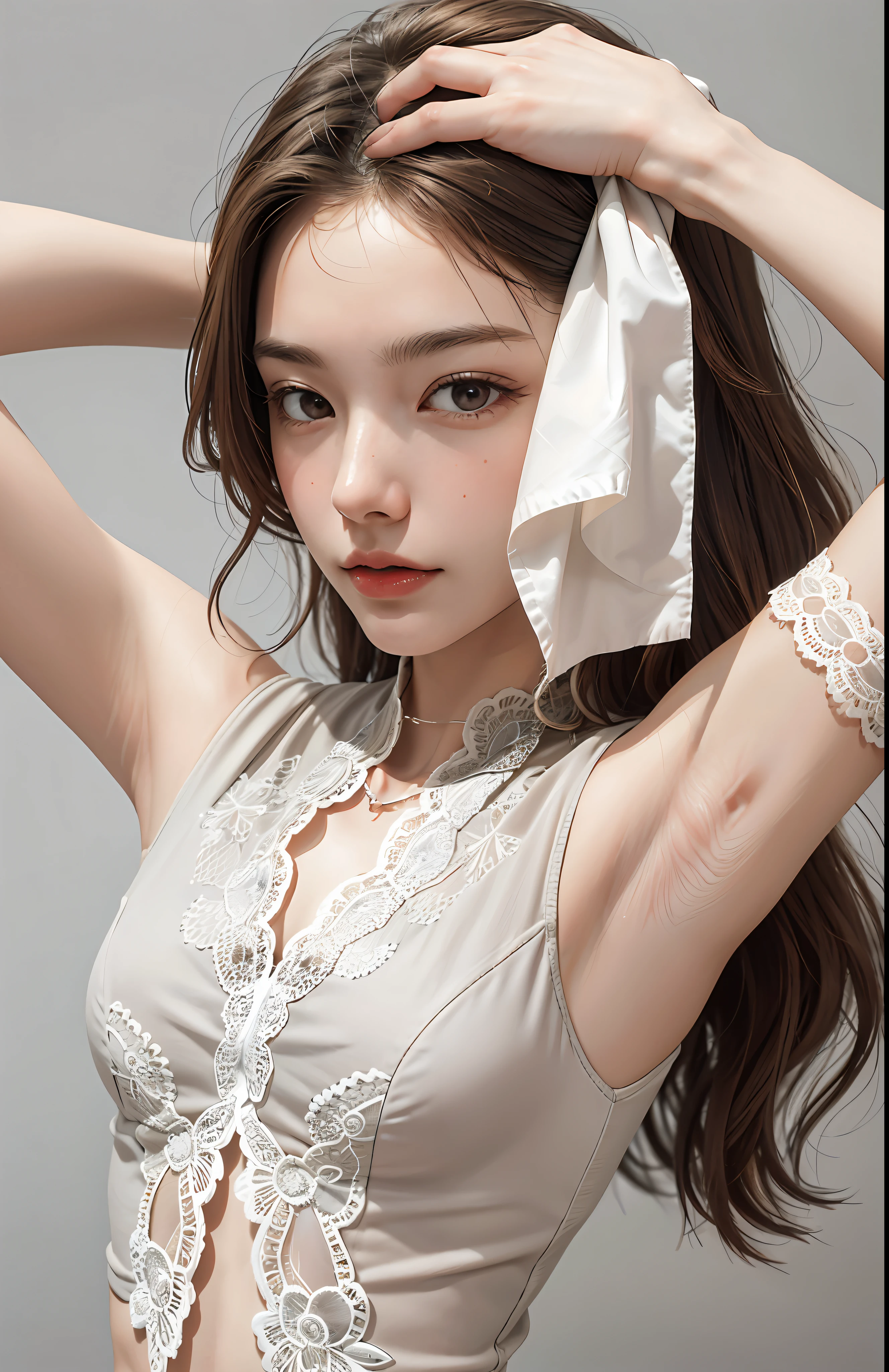 ((top quality, 8k, masterpiece: 1.3)), cute 1 woman, slender abs: 1.3, ((light brown hair, poor breasts: 1.2)), very detailed face and skin texture, detailed eyes, double eyelids, arms with small breasts, (ultra high definition: 1.2), (photorealistic: 1.4), (8k, RAW photos: 1.2), neutral