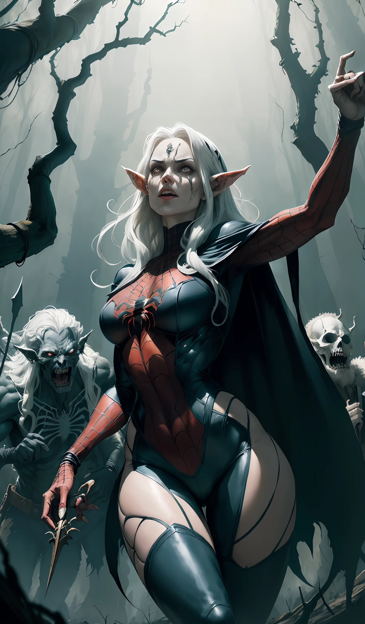 (The March of Darkness: The elven witch leads her undead army through a dense forest. The branches of the gnarled trees move sinisterly as the creatures advance, exuding an air of dread and destruction. Dead elves, skeletal orcs and zombie ogres follow in unison, spreading fear wherever they go.art style bernie wrightson: The Prompt mainly describes a 4K painting of ultra-high definition, very realistic, very detailed. It shows a superheroine at the top of the city, wearing a Spider-Man costume. The theme in the painting is a white superhero theme, the female protagonist has long white hair, is 25 years old and her entire body is shown in the painting. In terms of portraying the actions of superheroines, spiders are employed