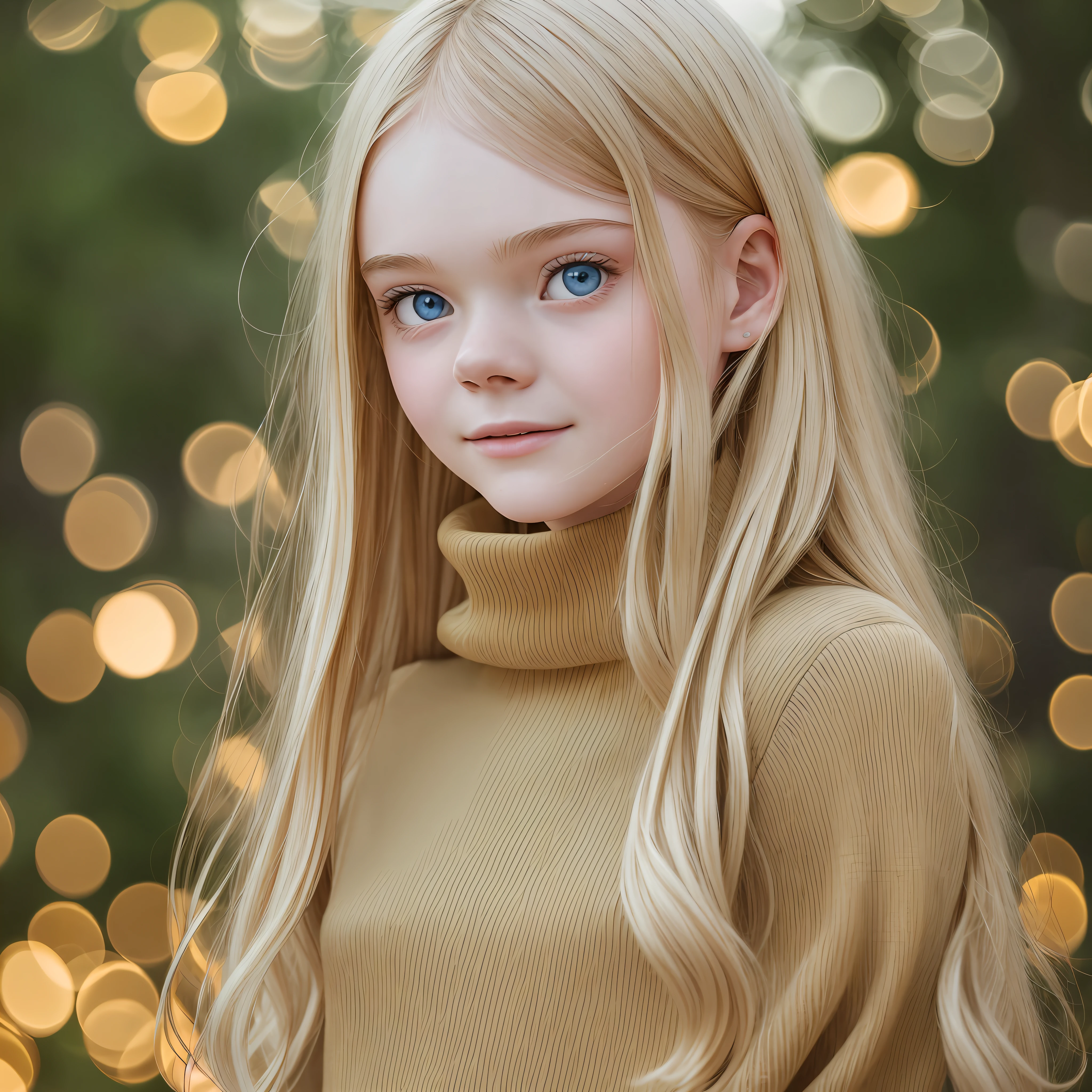 Cute face, delicate, Elle Fanning (), solo, single girl, short, full body, thin, no breasts, textured skin, skin pores, blonde, long hair, best quality, high ultra resolution, (photorealistic), (detailed face and eyes), award-winning photographer, sharp focus, realistic lighting, Surrealism, 8k, super detail, in a yellow turtleneck sweater, perfect winter night,  [candid:0.5, amateur:0.5], 8K, RAW, UHD, perfect face, stunning clear eyes, [perfect smile] --auto --s2