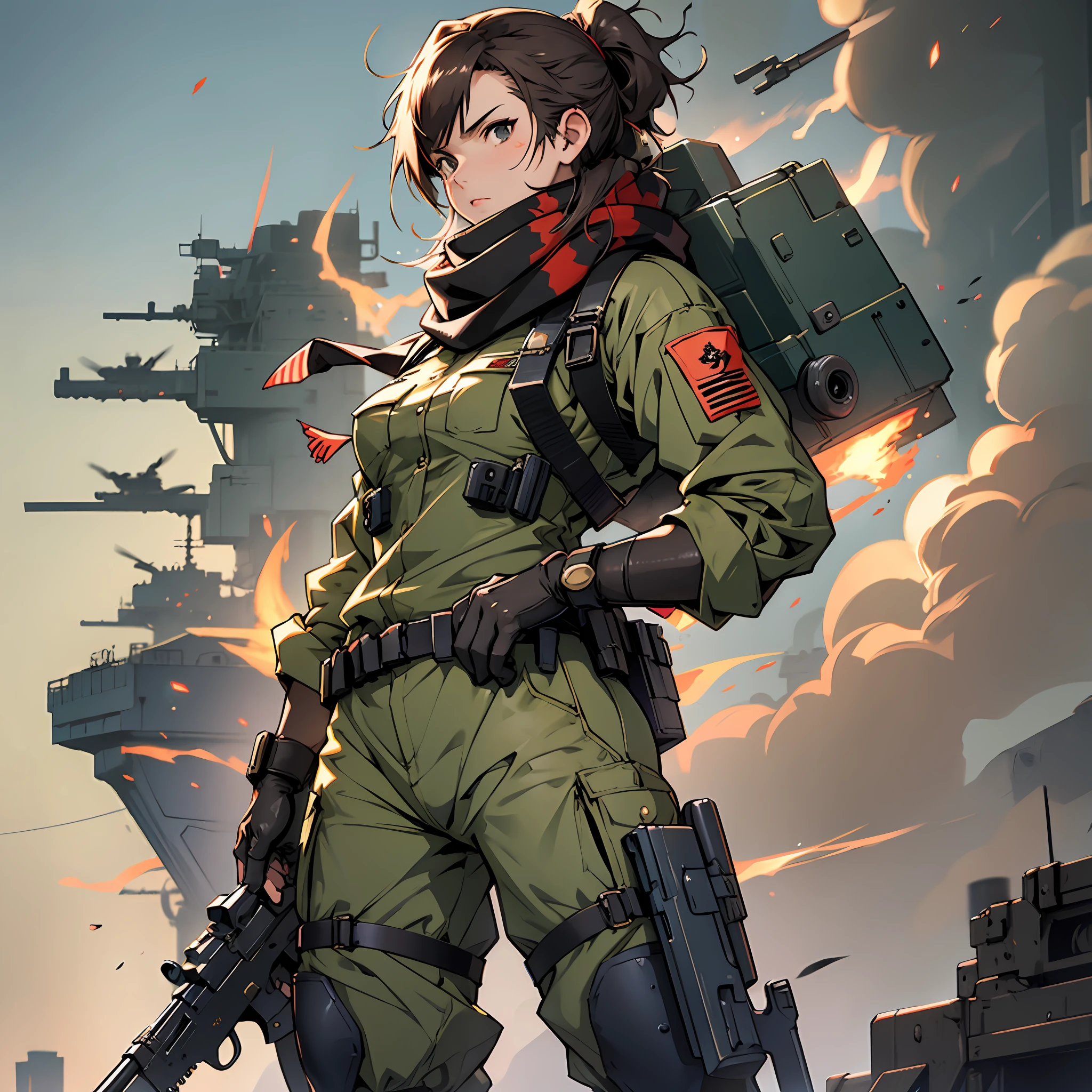 Japanese anime style. metal Gear. woman. army soldier. scarf. machine gun. Are standing. Whole body. --auto --s2