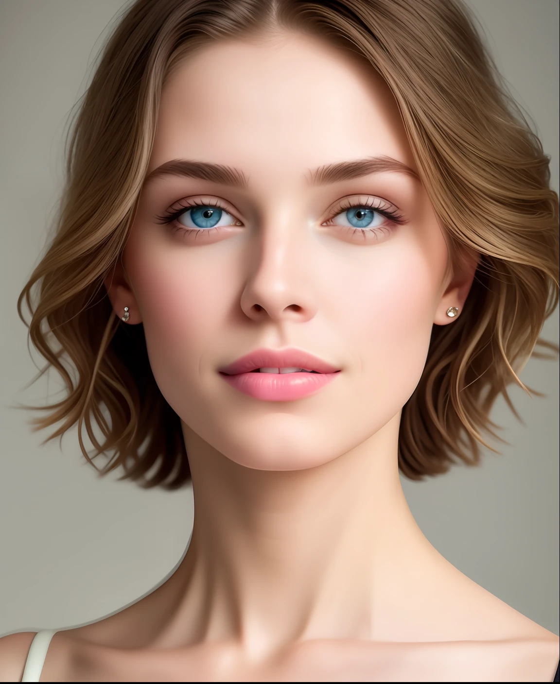 fashion model 25 years, [[[[[closeup]]]], [[[[neck]]]], [[[[shoulders]]]], perfect eyes, perfect iris, perfect lips, perfect teeth, perfect skin, soft front light, brightness, HDR, (soft colors: 1.2)