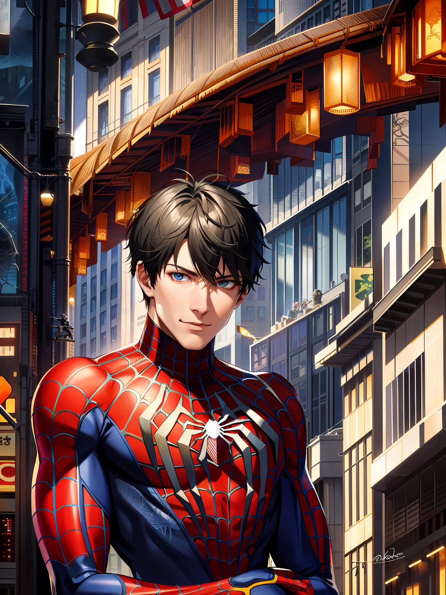 spider suit, spider web print, spider web, spider-man
Masterpiece, absurd, fine details, HDR, ((highly detailed face and eyes)), photorealistic,
focus on the eyes,
standing on the roof of a skyscraper, ((without mask)), looking at the viewer, smiling, black hair, hair split in half, tanned skin,
background of New York buildings,