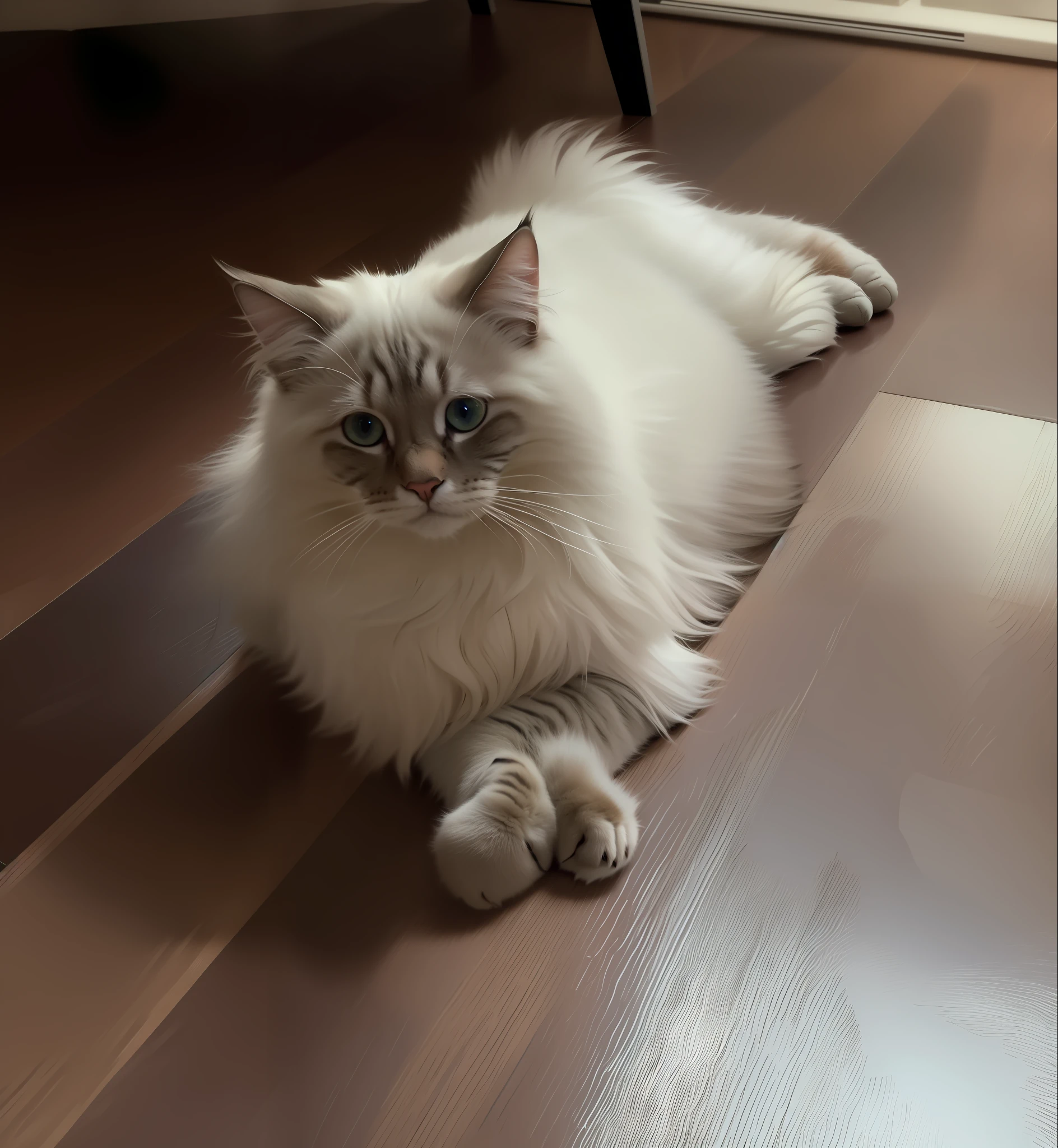 arafed cat laying on the floor in a living room, ragdoll cat, the cat is fluffy, fluffy cat, doing a hot majestic pose, long - haired siberian cat, poofy, persian cat, doing a majestic pose, blue siberian forest cat, taken with sony alpha 9, ethereal soft and fuzzy glow, awesome cat, soft and fluffy --auto --s2