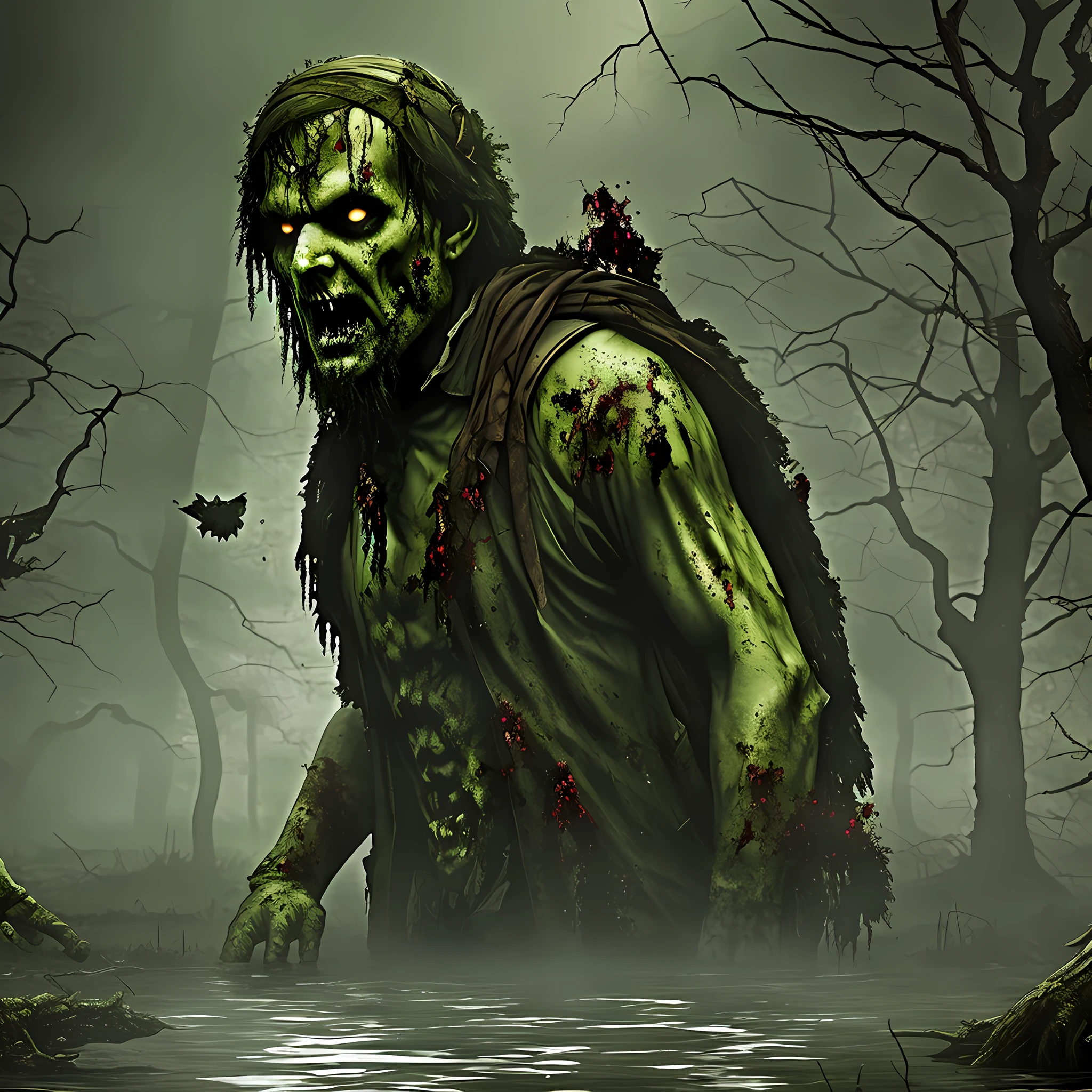 An army of zombies in a swamp, gnarled trees, fog, Evil resident style zombies --auto --s2