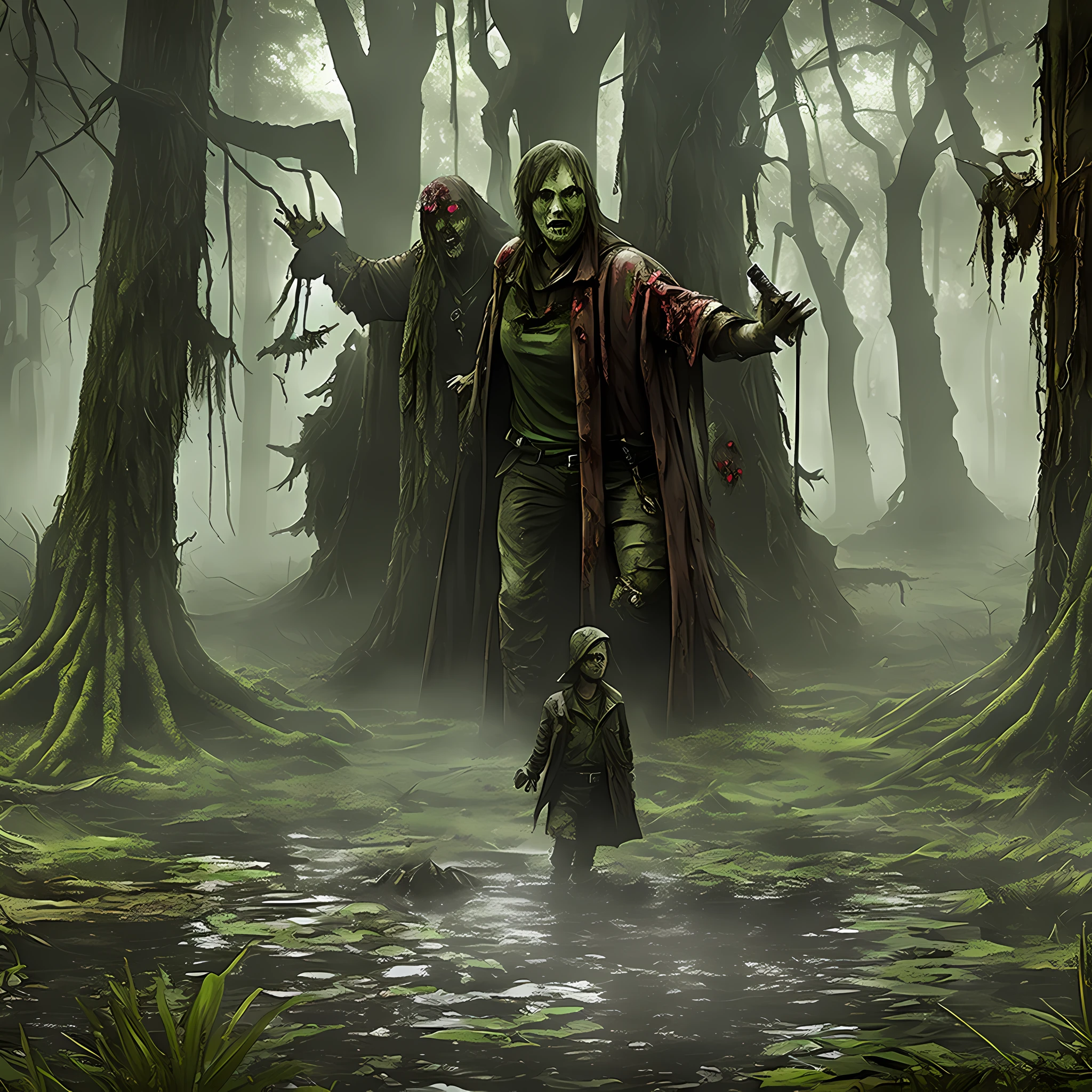 An army of zombies in a swamp, gnarled trees, fog, Evil resident style zombies --auto --s2