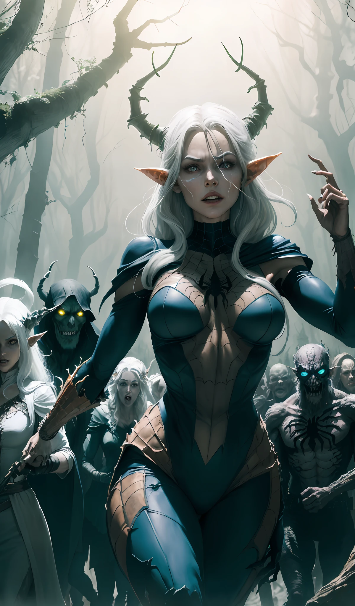 (The March of Darkness: The elven witch leads her undead army through a dense forest. The branches of the gnarled trees move sinisterly as the creatures advance, exuding an air of dread and destruction. Dead elves, skeletal orcs and zombie ogres follow in unison, spreading fear wherever they go.art style bernie wrightson: The Prompt mainly describes a 4K painting of ultra-high definition, very realistic, very detailed. It shows a superheroine at the top of the city, wearing a Spider-Man costume. The theme in the painting is a white superhero theme, the female protagonist has long white hair, is 25 years old and her entire body is shown in the painting. In terms of portraying the actions of superheroines, spiders are employed
