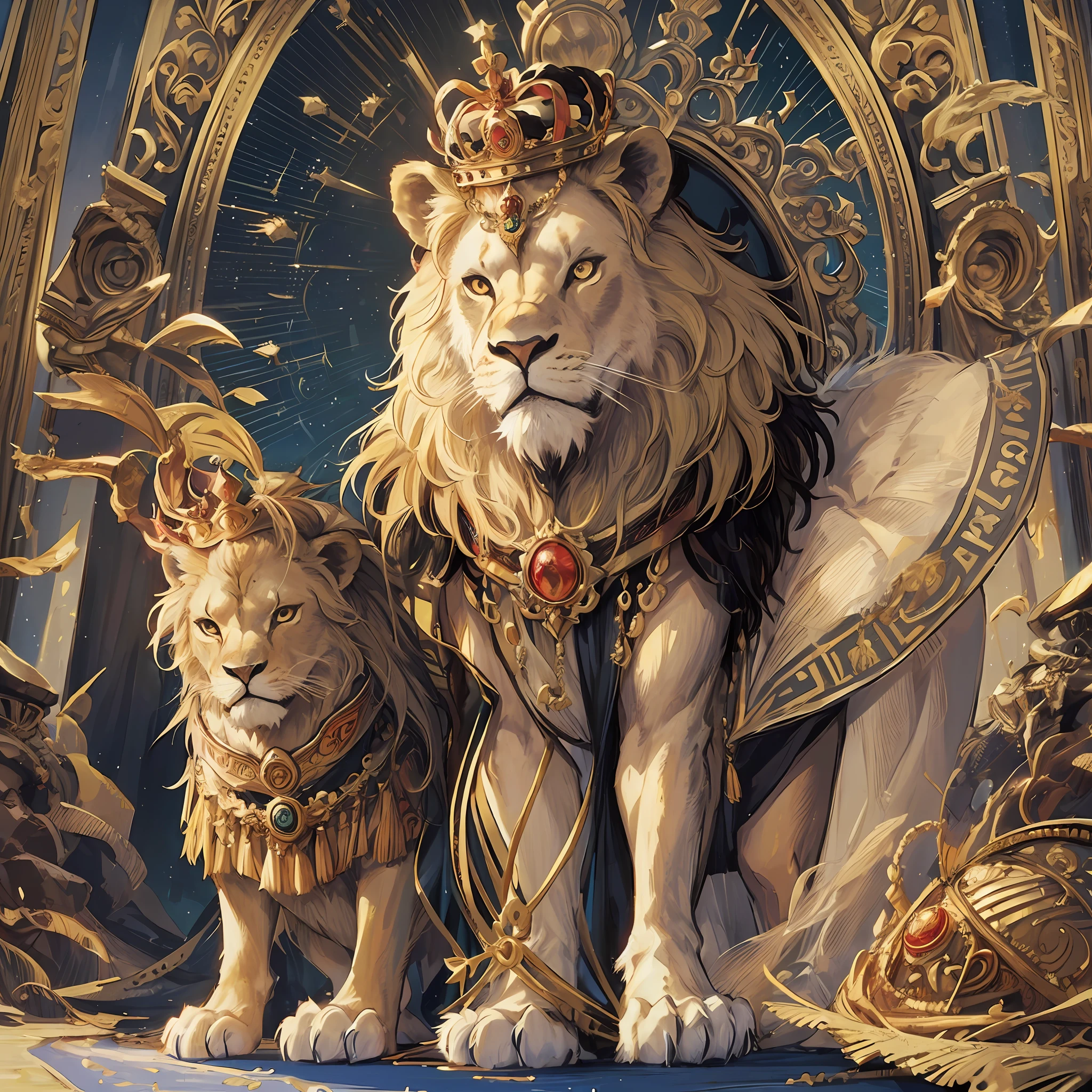 ((lion of the tribe of Judah)) (( standing with a crown)) ((emperor's clothing)) ((4k, best quality)) --auto --s2