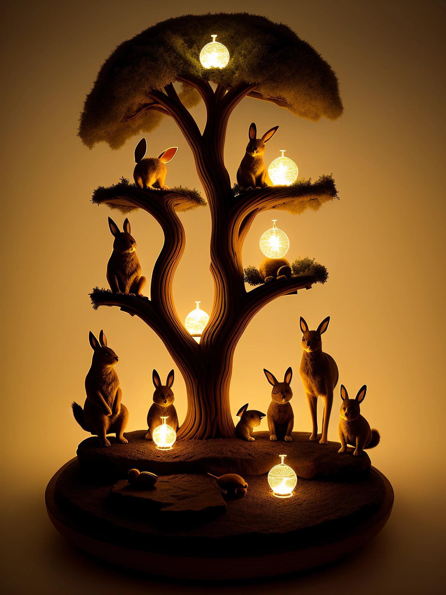 A dog, a cat, a rabbit and a parrot gather around a magical ancient tree with intricate carvings, as soft glowing orbs levitate around them, illuminating their faces and filling the air with a sense of enchantment, Sculpture, crafted with wood and adorned with luminescent materials, creating a captivating presence that reflects the friends' magical journey, --ar 9:16 --v 5