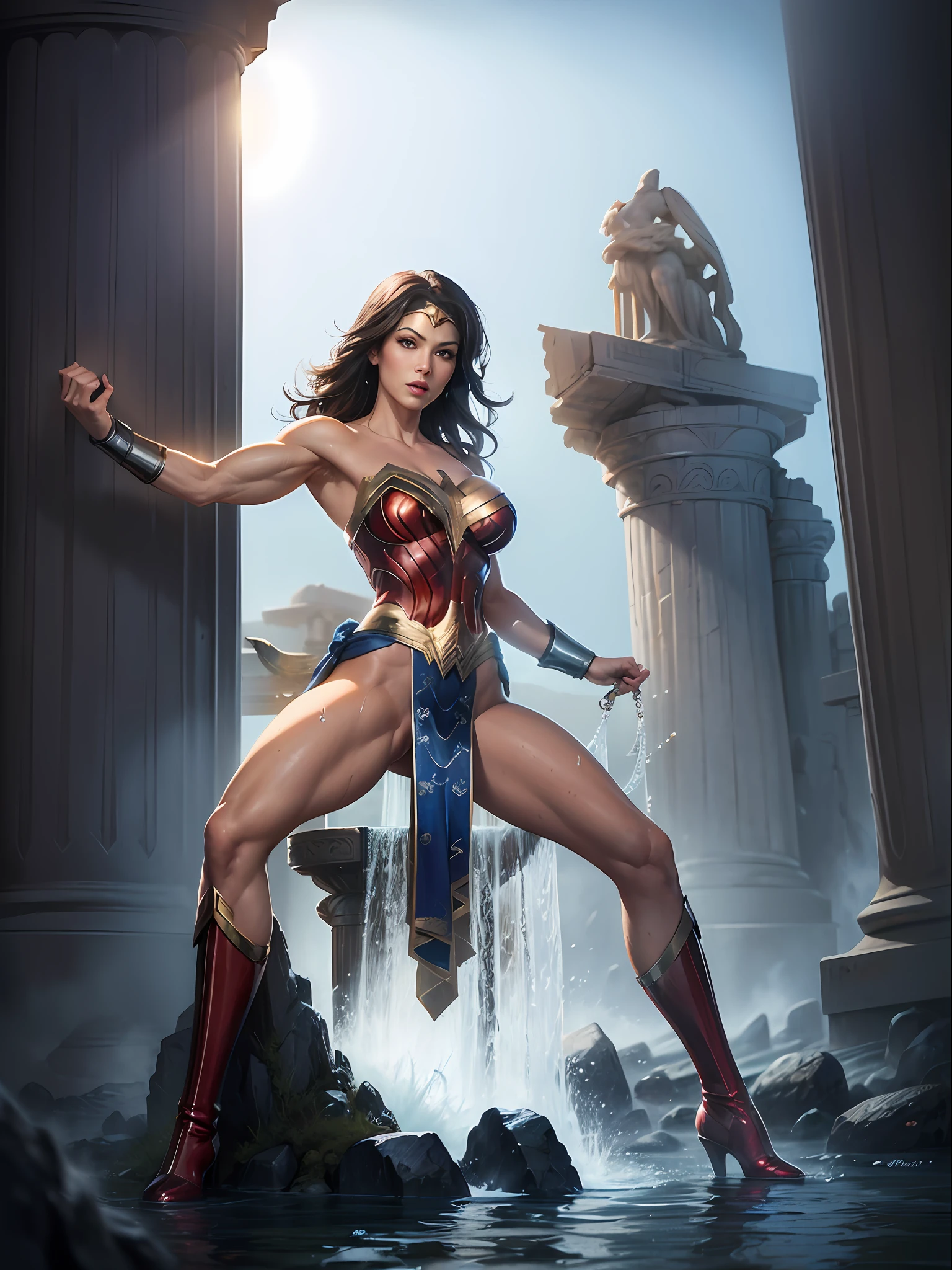 ((Full body photo, feet on the ground, front view)). Wonder Woman, (intricate details, makeup), (delicate and beautiful delicate face, delicate and beautiful delicate eyes, perfectly proportioned face), (Realistic glowing skin: 1.0), delicate skin, strong and realistic blue eyes, realistic black hair, lips, makeup, natural skin texture, tiara, jewelry, star \(symbol\), leotard, bulletproof gauntlet, red boots, golden belt, (public clothing: 1.5), bare shoulders, slightly sunburned complexion, Mature, sexy, elastic muscles, (muscles:1.2), ((strong and healthy body)), (((more) muscles))), long legs, curves, (big breasts: 1.3), cleavage, thin waist, soft waist, (delicate skin), (beautiful and sexy woman), (swollen lips: 0.9), (eyelashes: 1.2), very delicate muscle definition, perfect body, extremely exhibitionist, extremely tight on the body. ((In the temple of Poseidon, with several waterfalls)). ((hair and body are very wet)). She is staring at the viewer, smiling, clenched fists, fighting position, anime, mortal kombat, 16k, high quality, high details, award winning, highres, textured skin, anatomically correct, masterpiece, ccurate, UHD