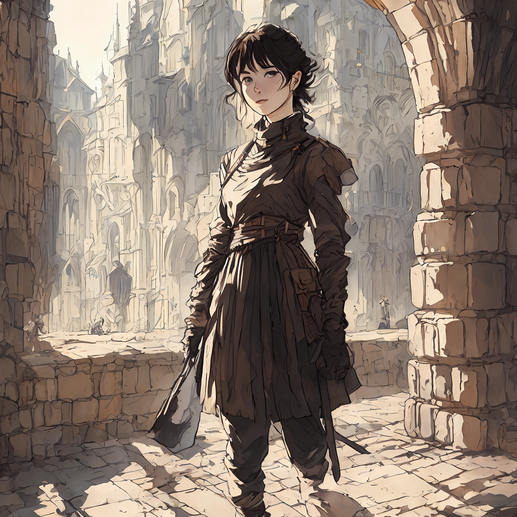 anime - style illustration of a woman in a trench coat standing in a courtyard, female protagonist 👀 :8, artwork in the style of guweiz, ancient city streets behind her, guweiz on pixiv artstation, guweiz on artstation pixiv, guweiz, stunning character art, female protagonist, pretty female cleric, arya stark