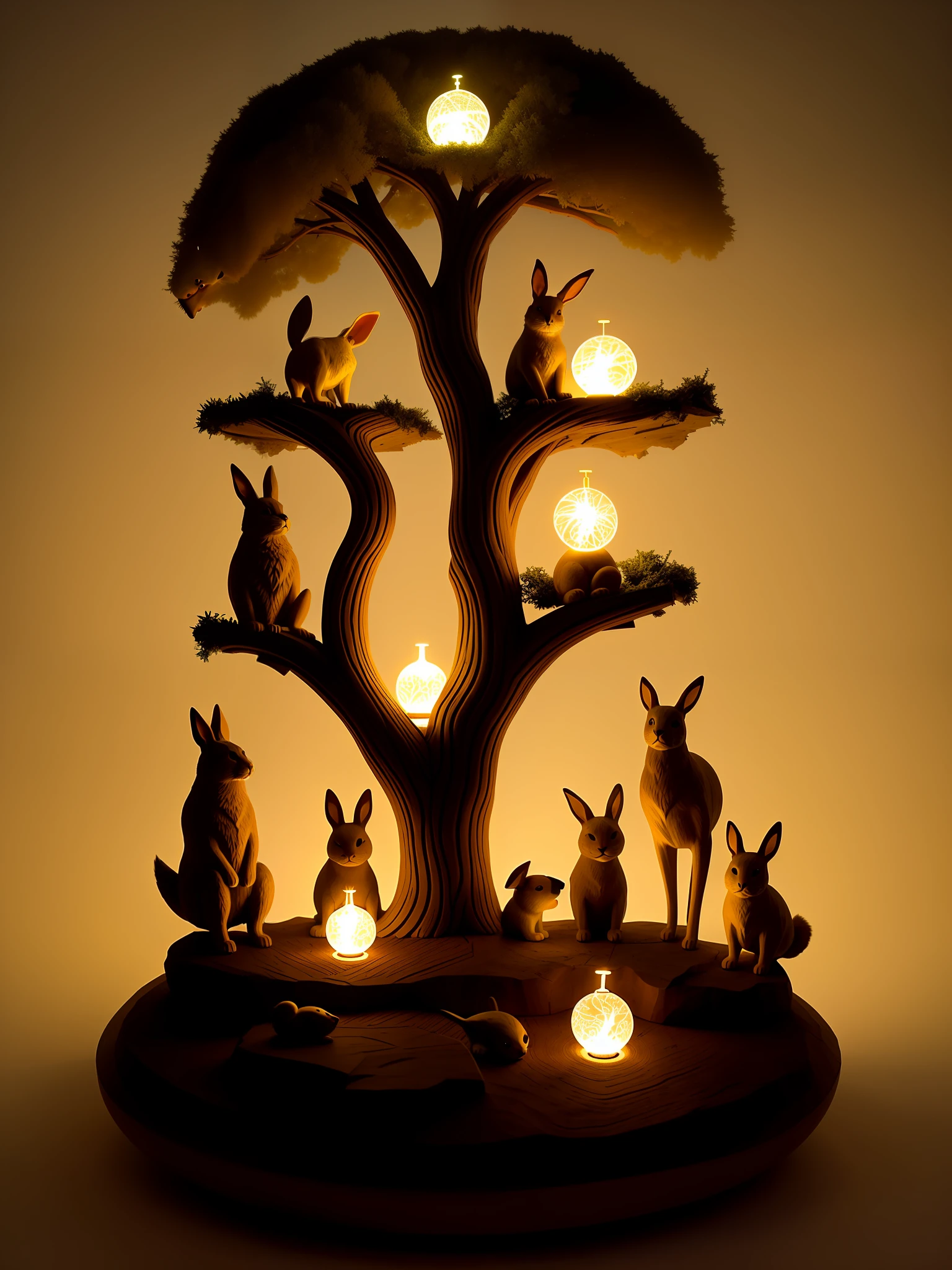 A dog, a cat, a rabbit and a parrot gather around a magical ancient tree with intricate carvings, as soft glowing orbs levitate around them, illuminating their faces and filling the air with a sense of enchantment, Sculpture, crafted with wood and adorned with luminescent materials, creating a captivating presence that reflects the friends' magical journey, --ar 9:16 --v 5