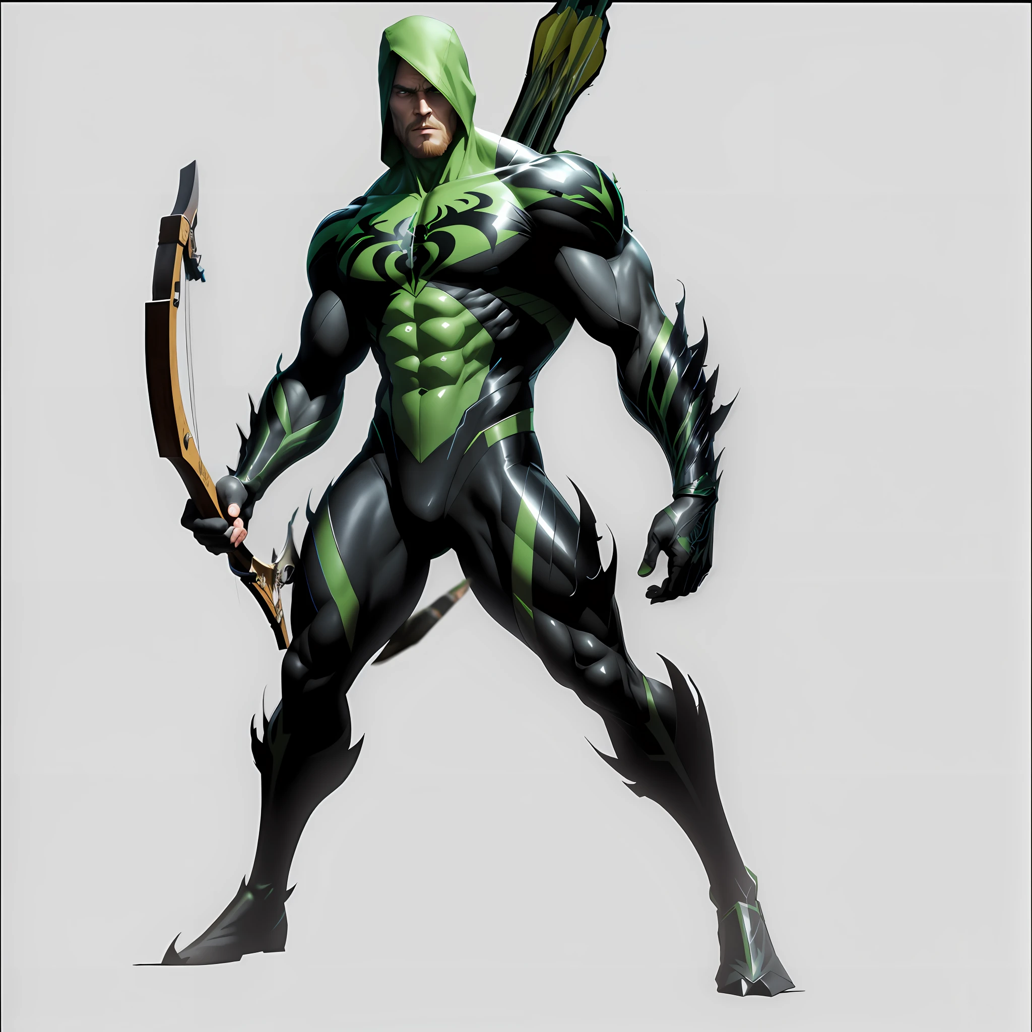 Holding a bow and arrow, bow, 8k, realistic, charismatic, very detailed, digital art, dramatic shadows and beautiful vivid colors capture scenes. Romantic art style, bow and arrow, black, venom