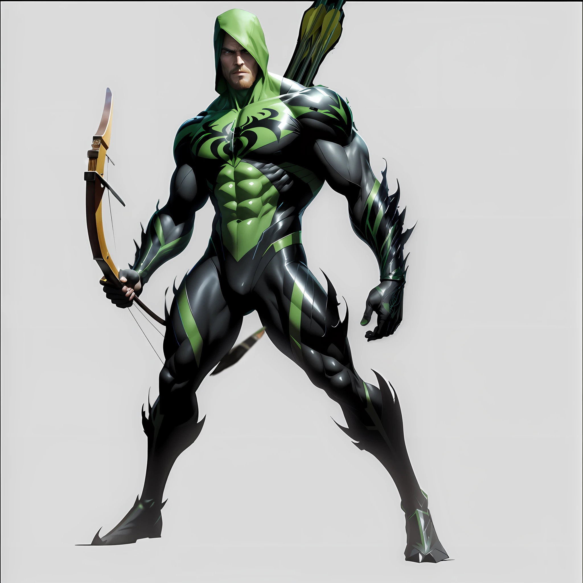 Holding a bow and arrow, bow, 8k, realistic, charismatic, very detailed, digital art, dramatic shadows and beautiful vivid colors capture scenes. Romantic art style, bow and arrow, black, venom