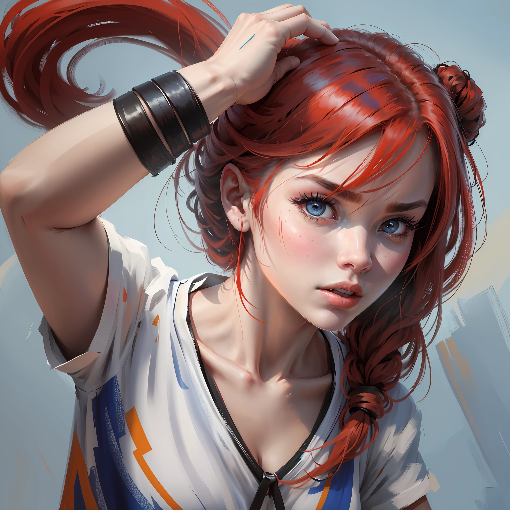 Striking photo of a young woman in a fighting pose with a unique face with a striking appearance and determined confident and brave expression. She has red hair that is tied up in a ponytail up to her shoulders. Costumes: white colored dug shirt that defines his arms. Nose up . His eyes have heterochromia, one deep blue and the other brown, which reflects his intensity and curiosity. Your skin is clear, with a soft and radiant tone. 8k quality