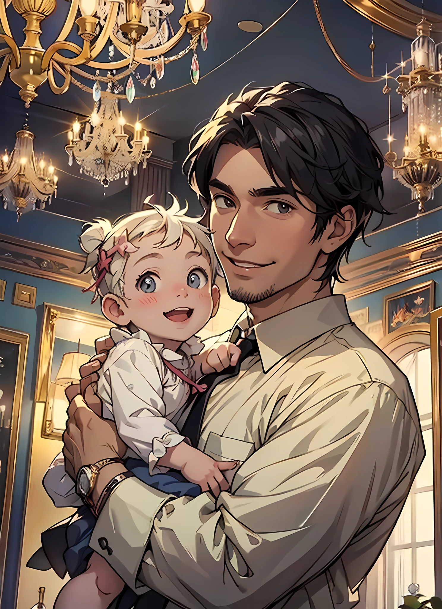 A father holds a cute baby and looks at the crystal chandelier above his head, a bright smile, and a beautiful scene