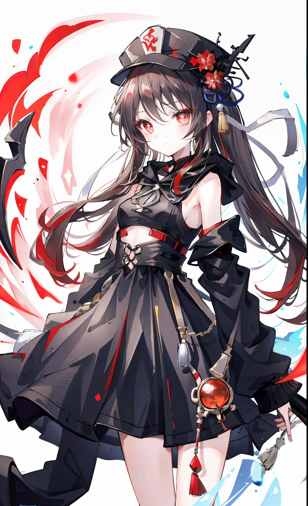 (masterpiece:1.3), (best quality), 1girl, small breasts, very detailed red eyes, very detailed face, white background, highres, absurdres, grin, standing, very detailed, looking at viewer, cowboy shot, solo, vivid colors, hu tao (genshin impact), symbol shaped pupils, hat, long brown hair, bangs, twintails, flower-shaped pupils, black coat, coattails, black short shorts, red shirt, arms behind back