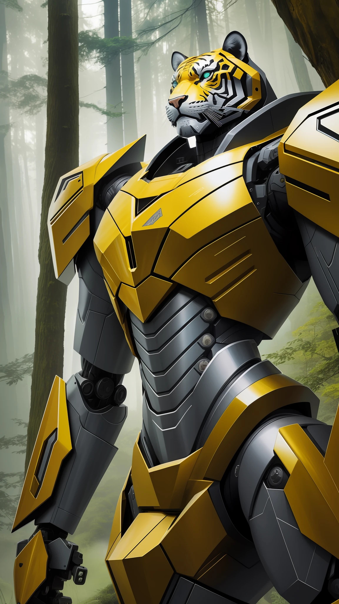 Steel Tiger detailed robot, photorealist,4k,full armor body,biomechanic body,isometric 2:3,high tecnology , background forest green --auto --s2