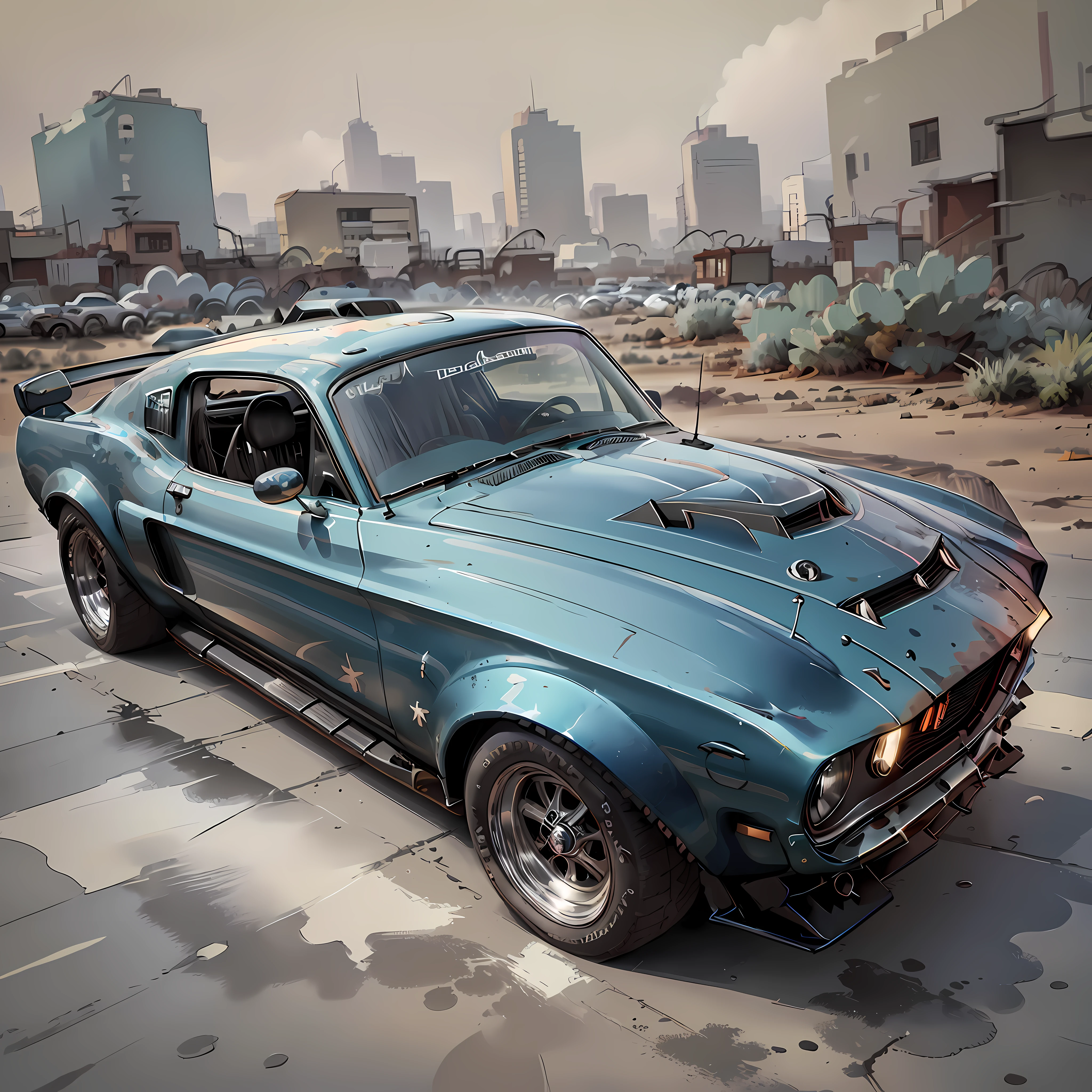 Graphic design, flat design, 1968 Ford Mustang Black Shelby, watercolor splashes, clean highly detailed, photorealistic masterpiece, professional photography, realistic car, abstract watercolor background, isometric, vibrant color vector, sharp focus, volumetric mist, 8k UHD, DSLR, high quality, grain film, Fujifilm XT3