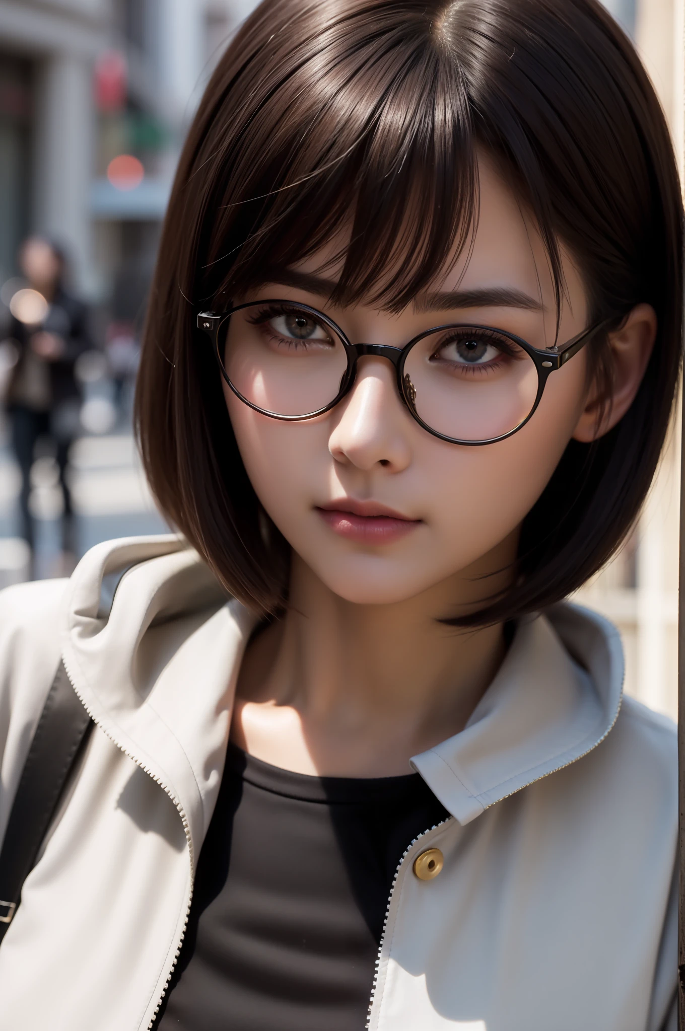 Top quality, masterpiece, (realism: 1.2), 1 girl, black rimmed round glasses, dark brown short bob realistic hair, brown eyes, front, detailed face, realistic skin, beautiful eyes, city street, professional photography