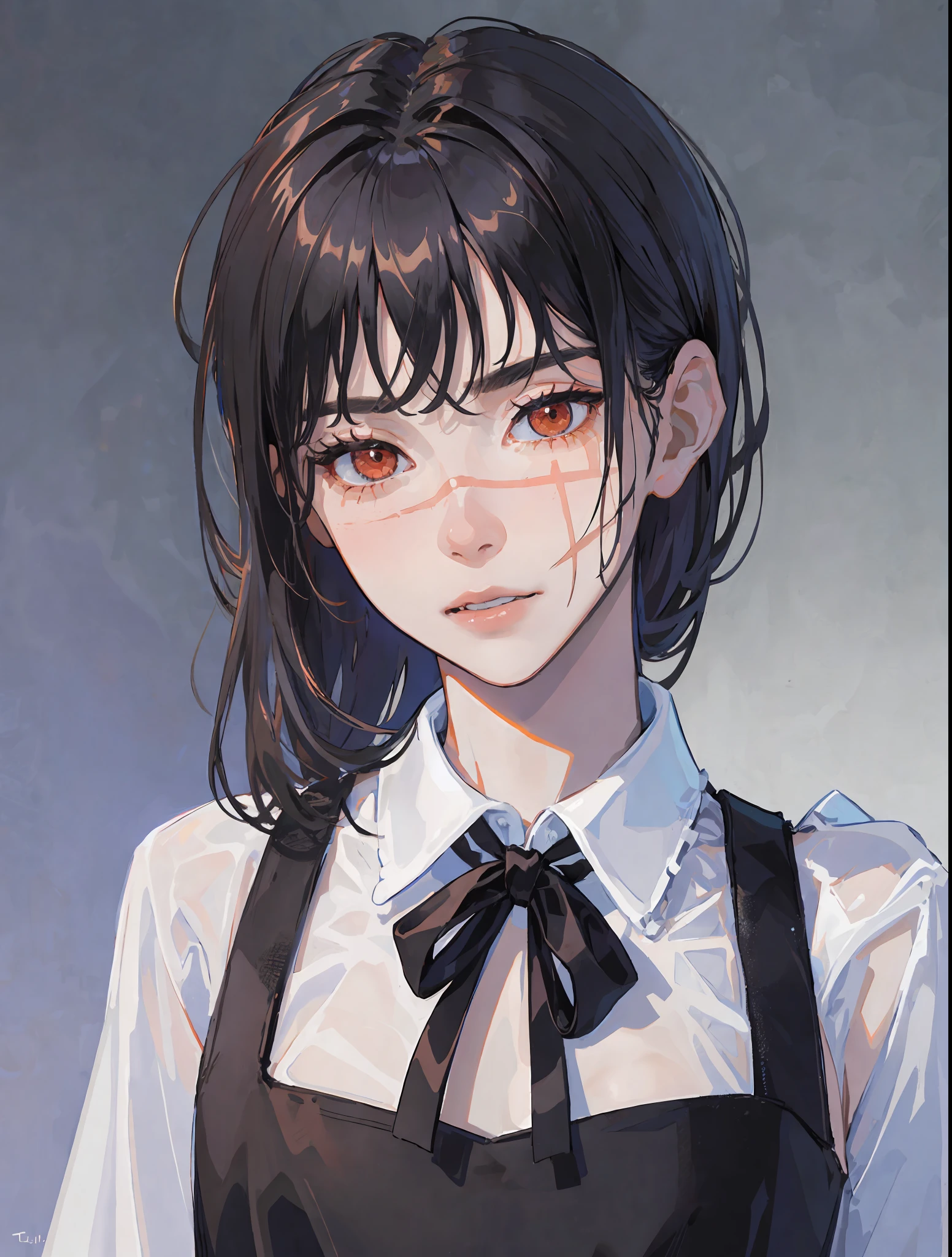 ((masterpiece, best quality)), (1girl), (solo), (female focus), yoru \(chainsaw man\),(very detailed face, real image, realistic white skin, realistic body, intricate details), upper body, focus on face,hair tied, intimidating look, black pinafore dress, neck ribbon, small ???????