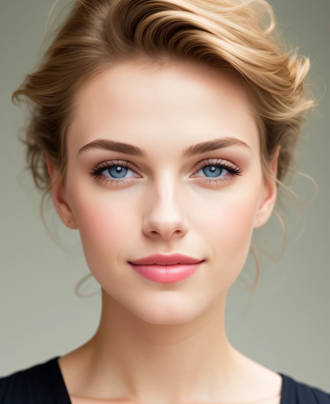 fashion model 25 years, [[[[[closeup]]]], [[[[neck]]]], [[[[shoulders]]]], perfect eyes, perfect iris, perfect lips, perfect teeth, perfect skin, soft front light, brightness, HDR, (soft colors: 1.2)