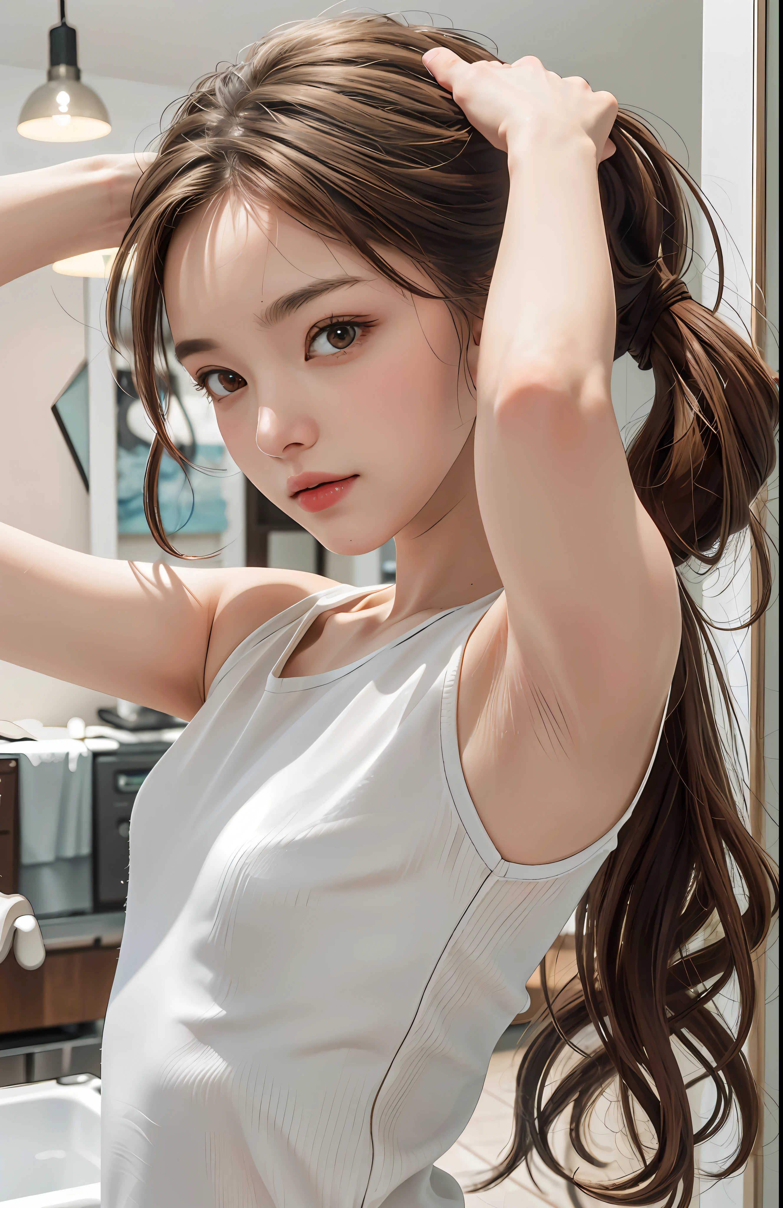 ((Top Quality, 8k, Masterpiece: 1.3)), Cute 1 Woman, Slender Abs: 1.3, ((Light Brown Hair, Small: 1.2)), (Wear: 1.5), Highly Detailed Face and Skin Texture, Detailed Eyes, Double Eyelids, Arms with Poor Breasts, (Ultra High Definition: 1.2), (Photorealistic: 1.4), (8k, RAW Photos: 1.2), Indoor Photography, Boy