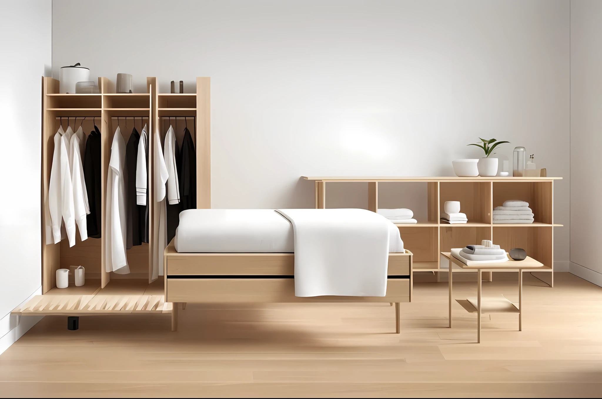 (Top Quality, 8k, Masterpiece: 1.3, Minimalistic, Studio Photo Setting, Unique Wooden Furniture, White Background: Flat, No Wrinkles, No Shadows, Artwork: Center, Horizontal, Distance and Angle Adjustment, Lighting: Uniform, Accurate, No Overexposure or Reflection, Camera: Low ISO, F8-F11 Aperture, 1/60-1/125 Shutter Speed, Auto or White Balance, Very minimal and simple settings. With a minimalist style, it often surprises and delights viewers. I believe that it makes every day very interesting and very rich. That's why designs that evoke these feelings observe everyday objects and situations with curious and fresh eyes and try to find new ways to reinterpret or enhance them. --
- Generate the following furniture:
-Substance:
- Coupé is a minimalistic shelf with clean lines. The design is a sculptural frame structure inspired by vintage sports cars and coupe roof racks. With graphic lines, Coupé shelves create an elegant atmosphere when displayed on the wall. It has a simple design and can be used for multiple purposes. You can hang towels in small spaces such as kitchens and bathrooms, and store daily necessities such as toothbrushes and spice jars.
• Input is a flexible organizer with 8 movable boxes. Boxes vary in size and shape. You can create expressions according to your needs and preferences. The softness of the oak complements the angular lines with the organizer and pocket graphics. Design is the perfect solution to organize small everyday essentials in the hallway or in the office or bedroom.
- Töjbox is a simple and functional wardrobe made of oak wood. The design is perfect for the entrance or bedroom or walk-in closet. Hang your shirt or jacket over the clothes rack and store everyday items and your favorite decorations in the box. Sloping legs leave space for shoes and bags on the floor.
- Stedge is a shelf characterized by lightness, purity and clear structure. The delicate design creates a strong visual effect as light and shadow are capture