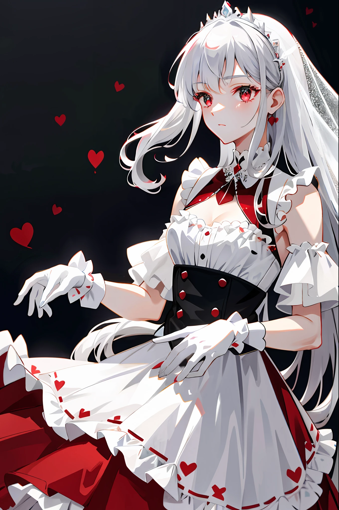 realistic, realistic, blood, dark red love heart decoration, love heart-shaped gemstones, skirt edge set with pearls, white collarless dress skirt, collar with unique design, layered skirt, burnt at the end of skirt, cutout at the end of skirt, red Mary Jane shoes, frills, ruffles, maximalism, delicate and complex design, white gloves, gothic, wedding dress, blood, bandages, long gray hair, sideburns are two fine braids, princess cut, extreme details, delicate depiction, delicate depiction, delicate hands, cold colors of eyes