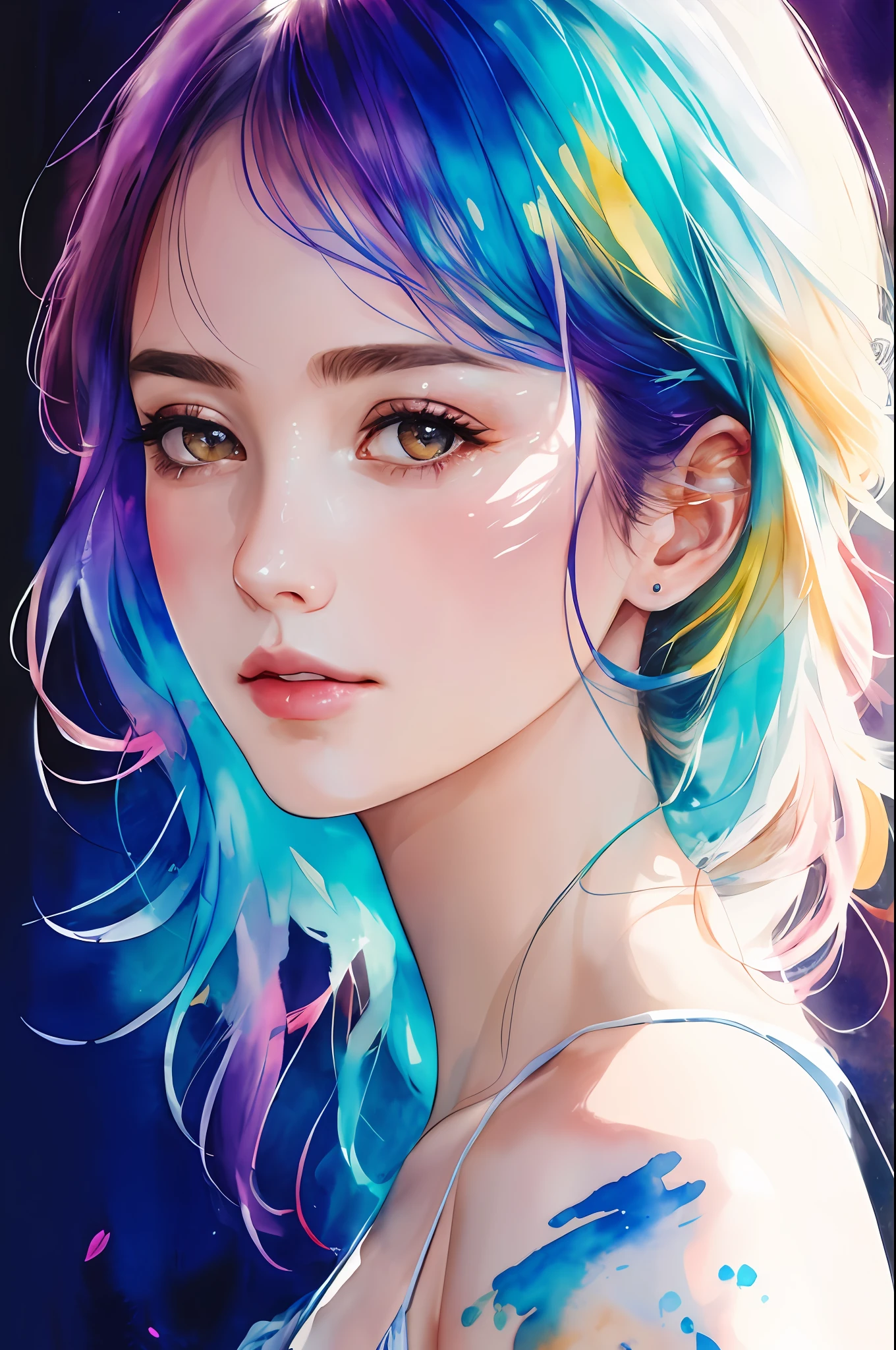 (8k, best quality, masterpiece:1.2),(best quality:1.0), (ultra highres:1.0), watercolor, a beautiful woman, shoulder, hair ribbons, by agnes cecile, half body portrait, extremely luminous bright design, pastel colors, (ink:1.3), autumn lights,