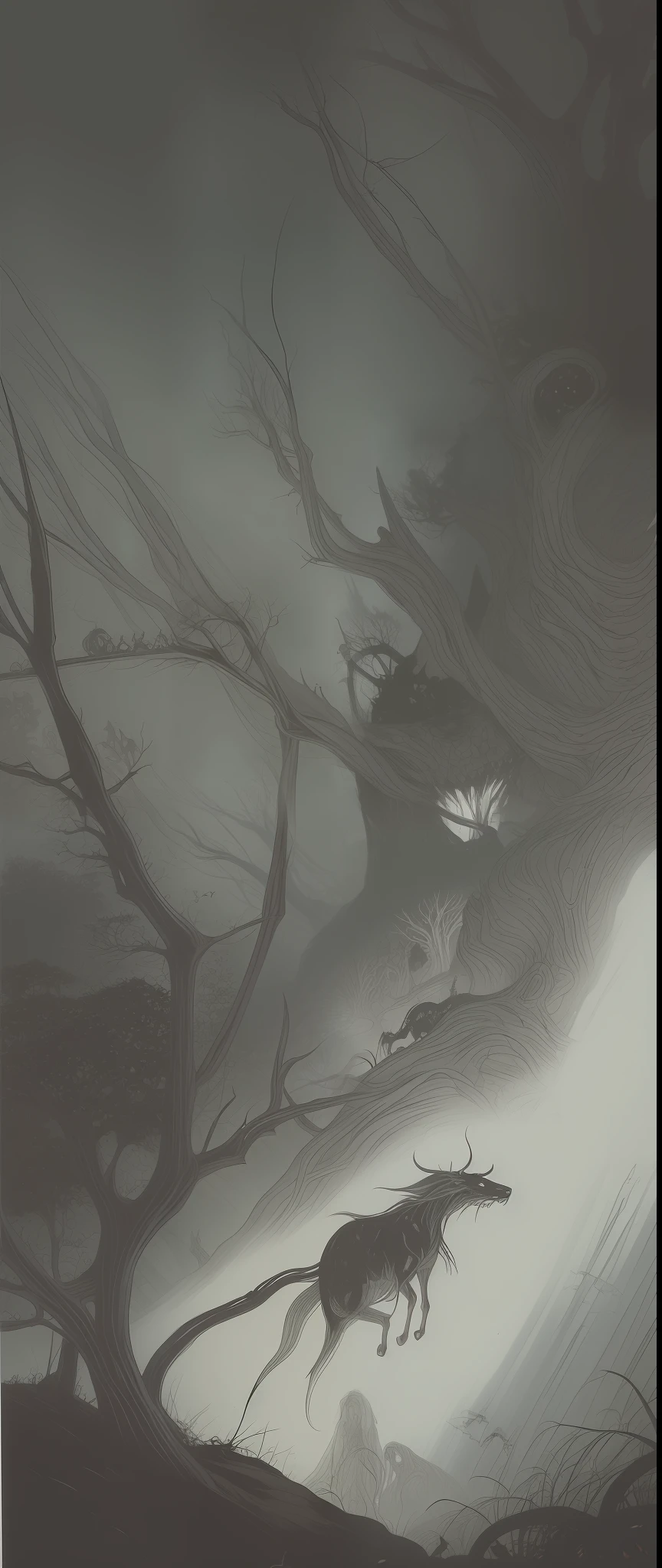 The Dark March: The elven witch leads her army of the undead through a dense forest. The branches of the twisted trees move ominously as the creatures advance, exuding an air of dread and destruction. Dead elves, skeletal orcs and zombie ogres follow in unison, spreading fear wherever go.art Bernie Wrightson-style