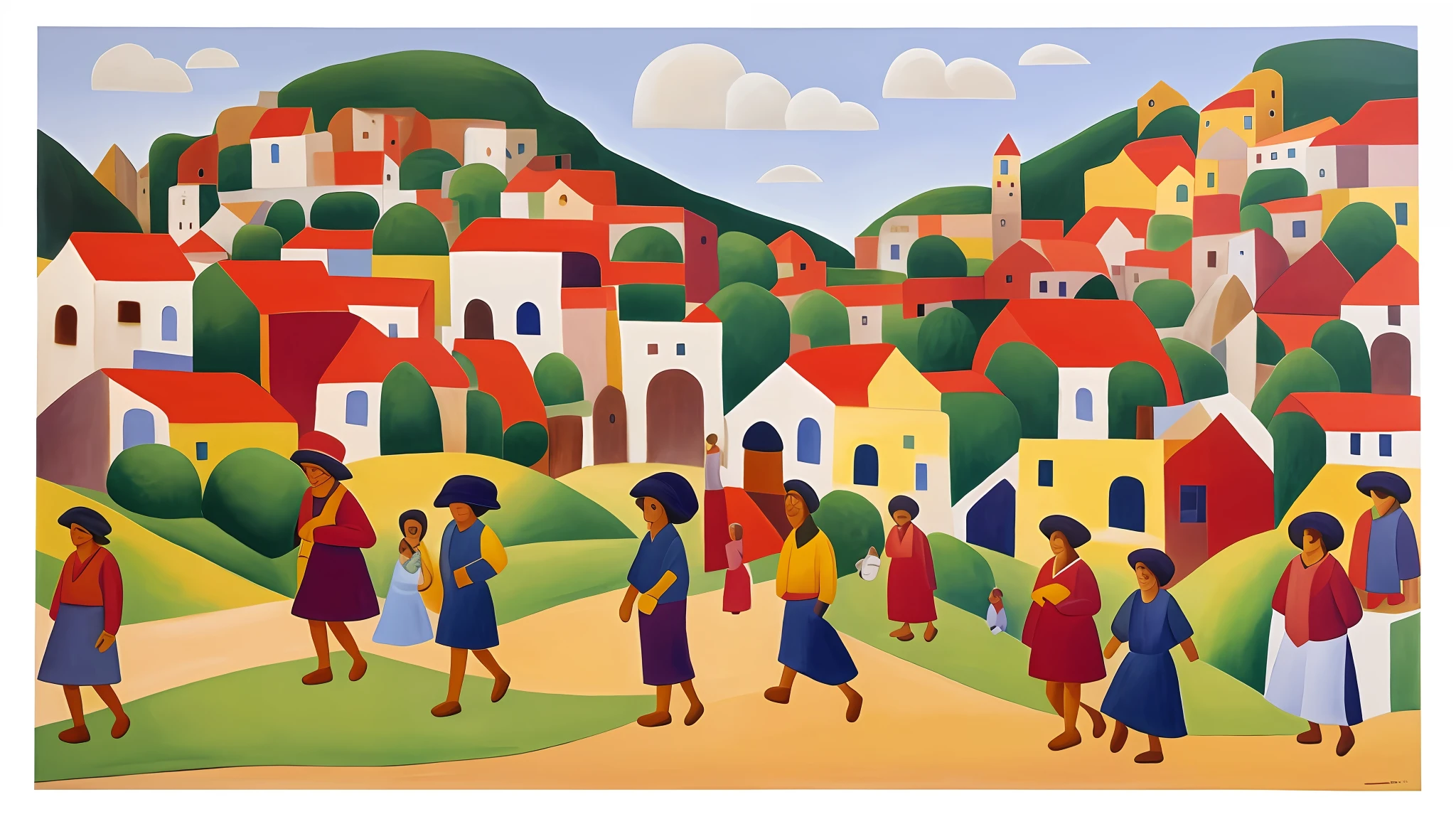 a painting of a village with people walking around it, by Tarsila do Amaral, inspired by Tarsila do Amaral, by Amadeo de Souza Cardoso, by Candido Portinari, by Rodolfo Amoedo, by Ceferí Olivé, by Maria Helena Vieira da Silva, by André Lhote