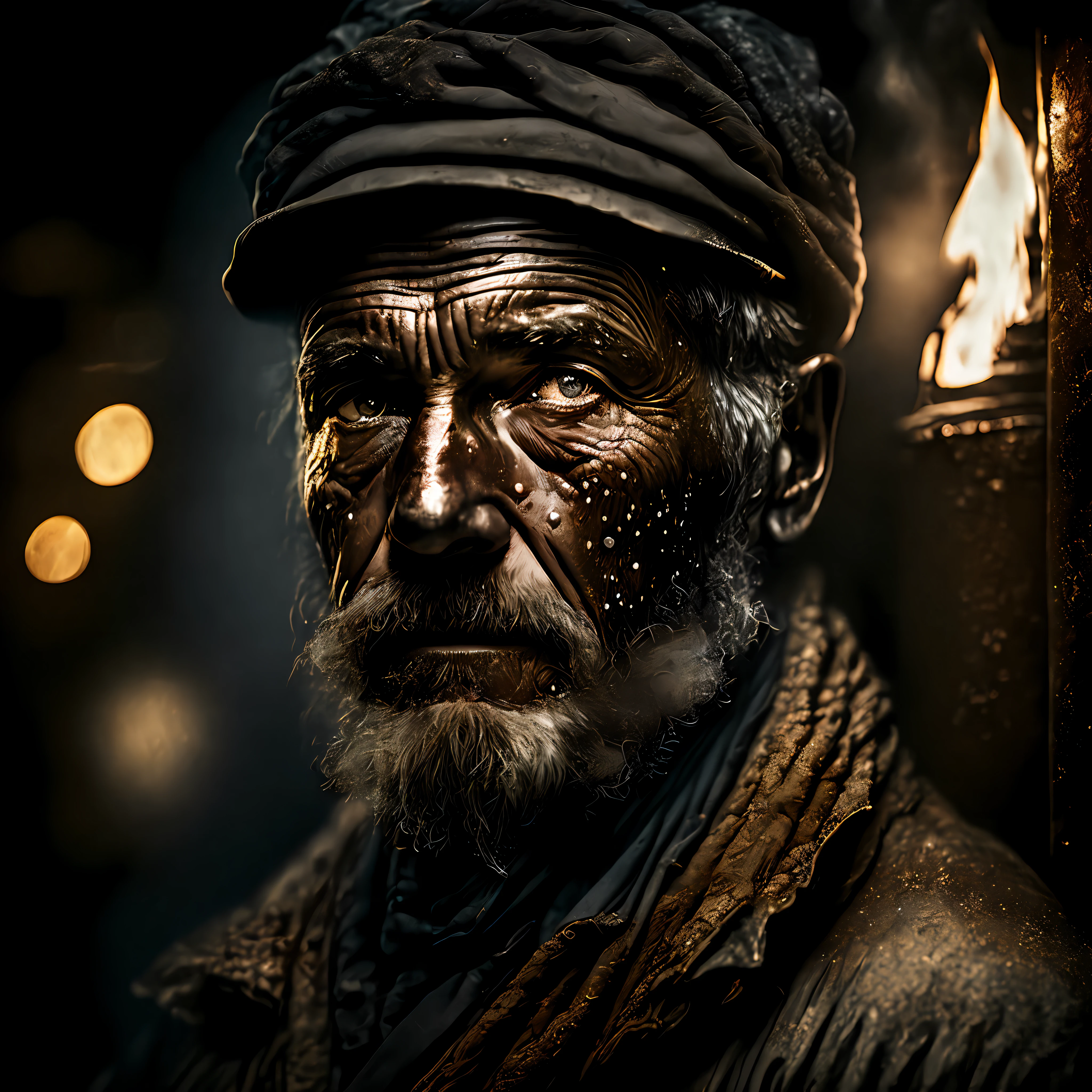 macro crisp quality, wet plate photograph close up of black factory worker in Victorian era boiler room, rough skin, sad eyes, sparkles, age 64, coal dust in the air, unreal engine, UE5, cinematic, very detailed, sony A7iii, 85mm prime, f/1.8, octane render + hyper realistic, Photograph