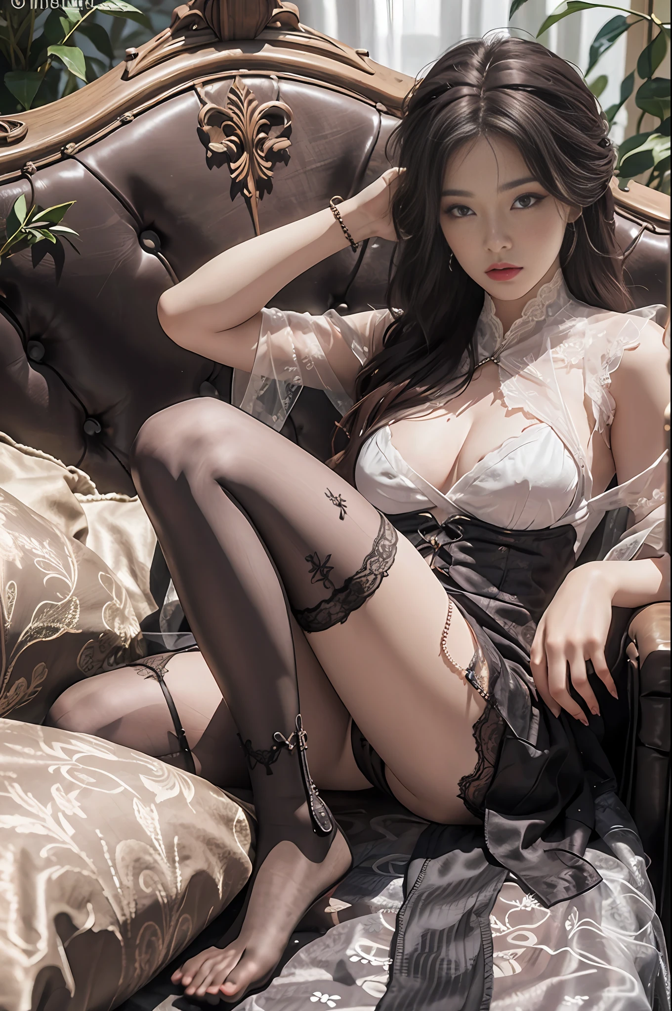 A woman in a lace dress, suspender stockings, extremely detailed, sitting on the sofa, full body photo, naked