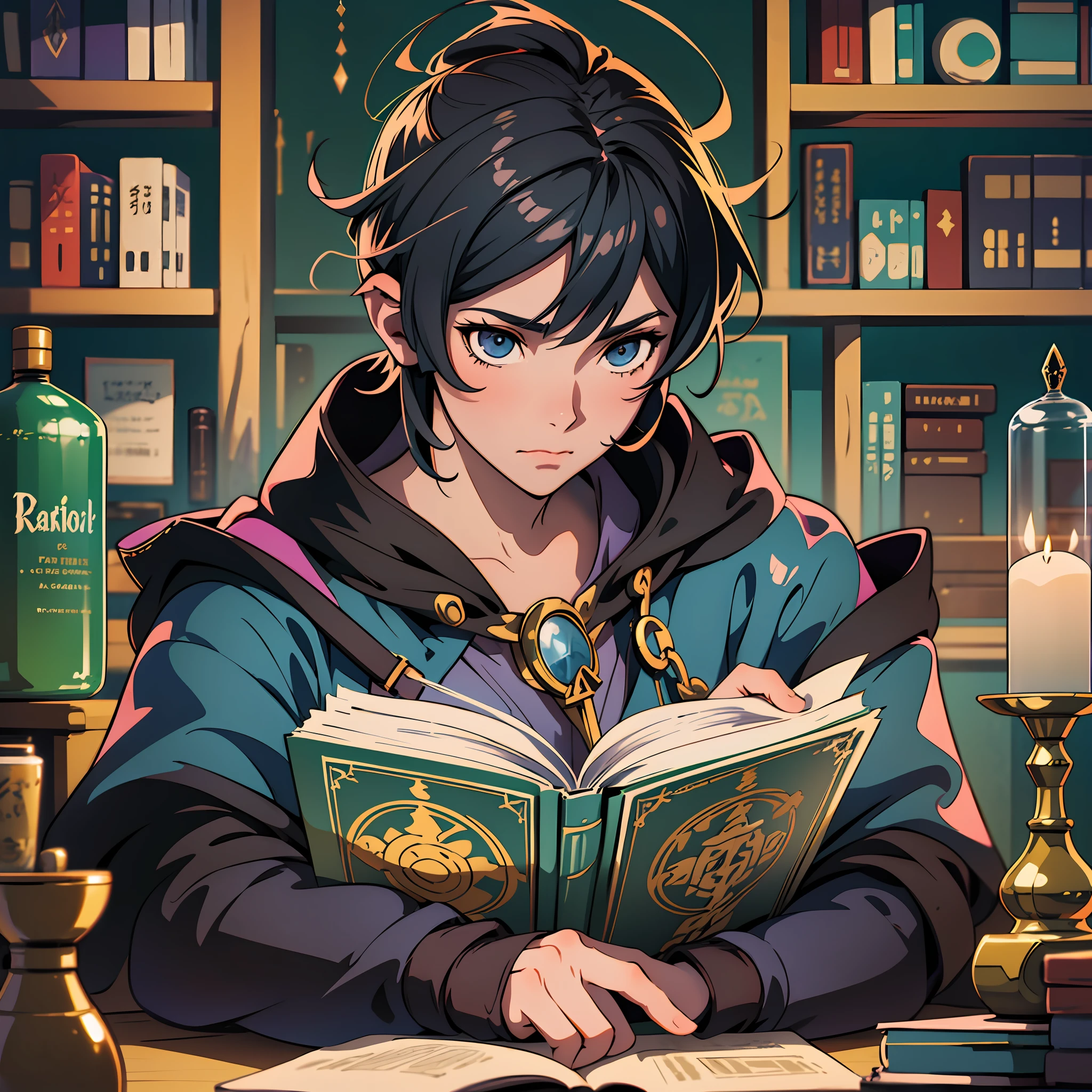 Anime boy reading books in library with candles, alchemist library background, alchemist boy, male mage portrait, rpg book portrait, drizzle marisa, detailed key anime art, shadowverse style, black haired anime boy, art book artwork, epic light novel art cover, magician portrait, magician portrait --auto --s2
